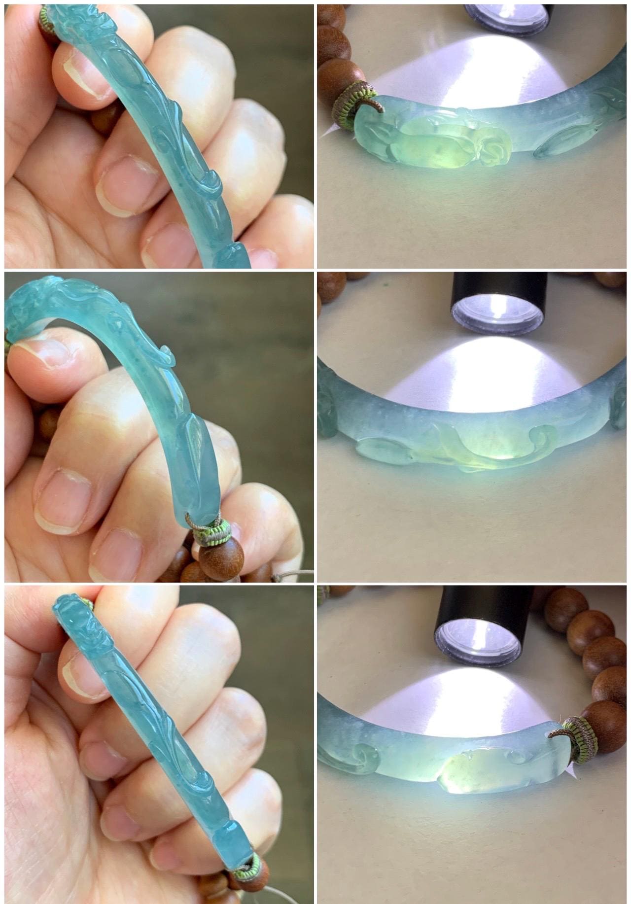 Natural Grade A Guatemalan Icy Highly Translucent Bright Blue Jadeite Dragon Hook Cuff Wood Beads Beaded Bracelet 6.75" 天然高冰危龙钩手牌木珠手串 GWL250