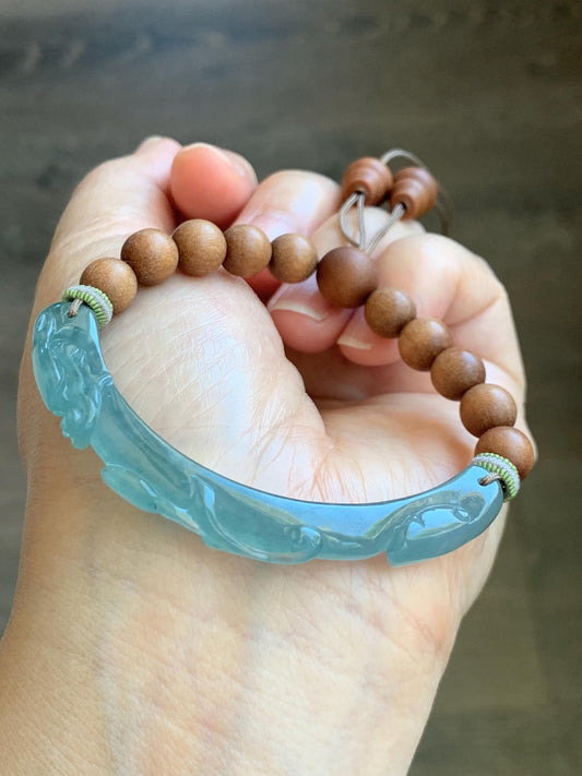 Natural Grade A Guatemalan Icy Highly Translucent Bright Blue Jadeite Dragon Hook Cuff Wood Beads Beaded Bracelet 6.75" 天然高冰危龙钩手牌木珠手串 GWL250