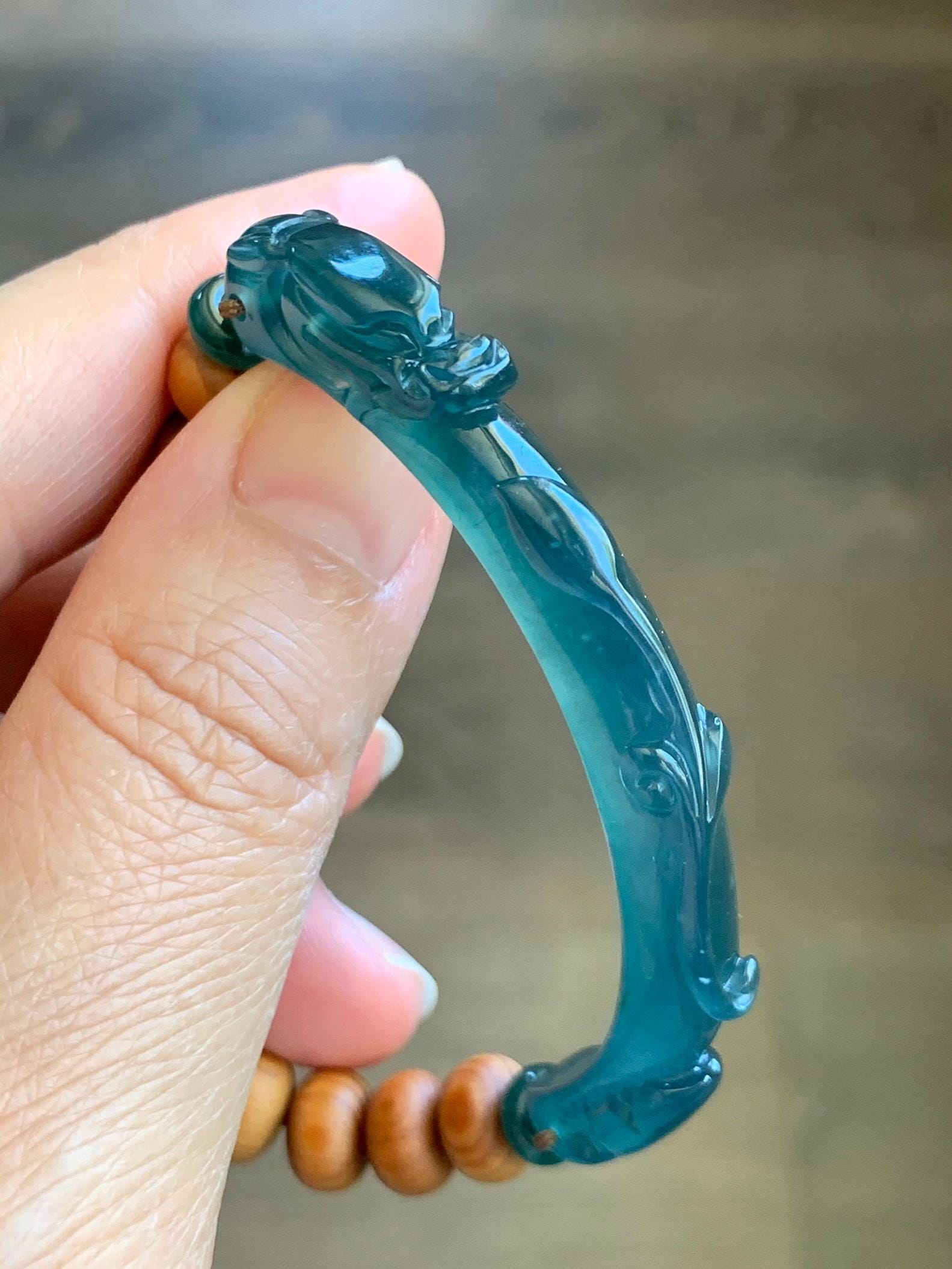 Natural Grade A Guatemalan Icy Translucent Dark Teal Blue Jadeite Dragon Hook Cuff Wood Beads Beaded Bracelet 6.75" 天然高冰危龙钩手牌木珠手串 GWN250