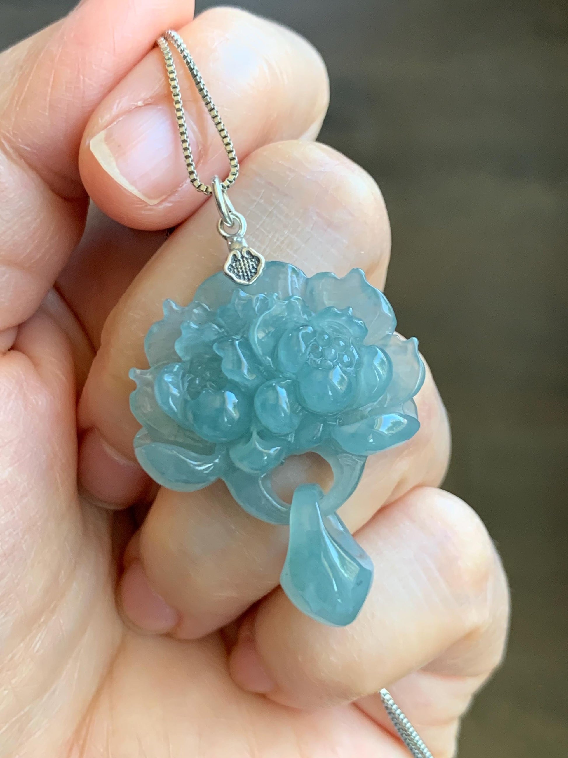 Certified Natural Guatemalan Icy Translucent Light Teal Blue Jade Jadeite Double Lotus Flower Pendant Sterling Silver 10g 天然冰危蓝翡翠双莲花吊坠 9964