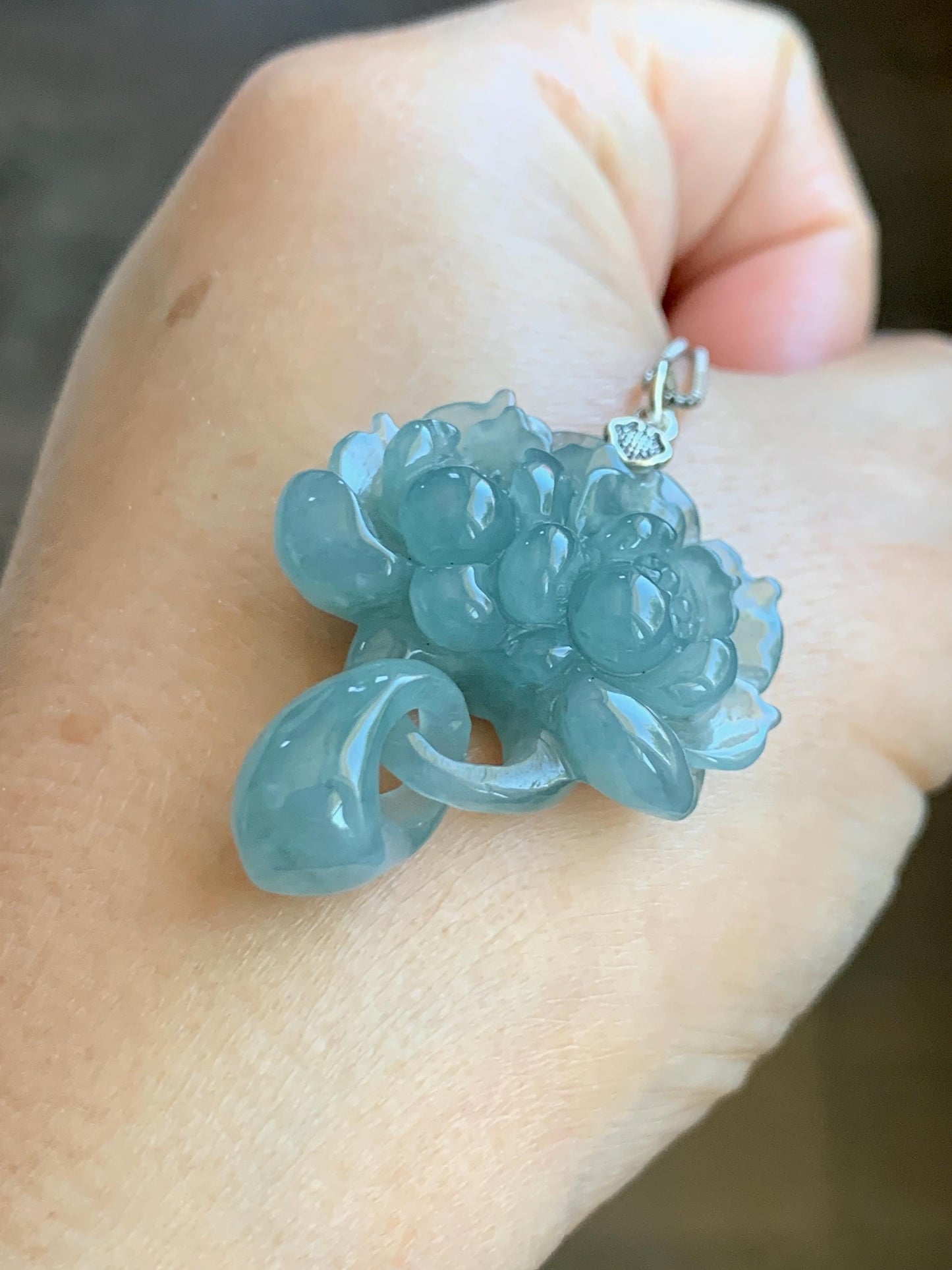 Certified Natural Guatemalan Icy Translucent Light Teal Blue Jade Jadeite Double Lotus Flower Pendant Sterling Silver 10g 天然冰危蓝翡翠双莲花吊坠 9964