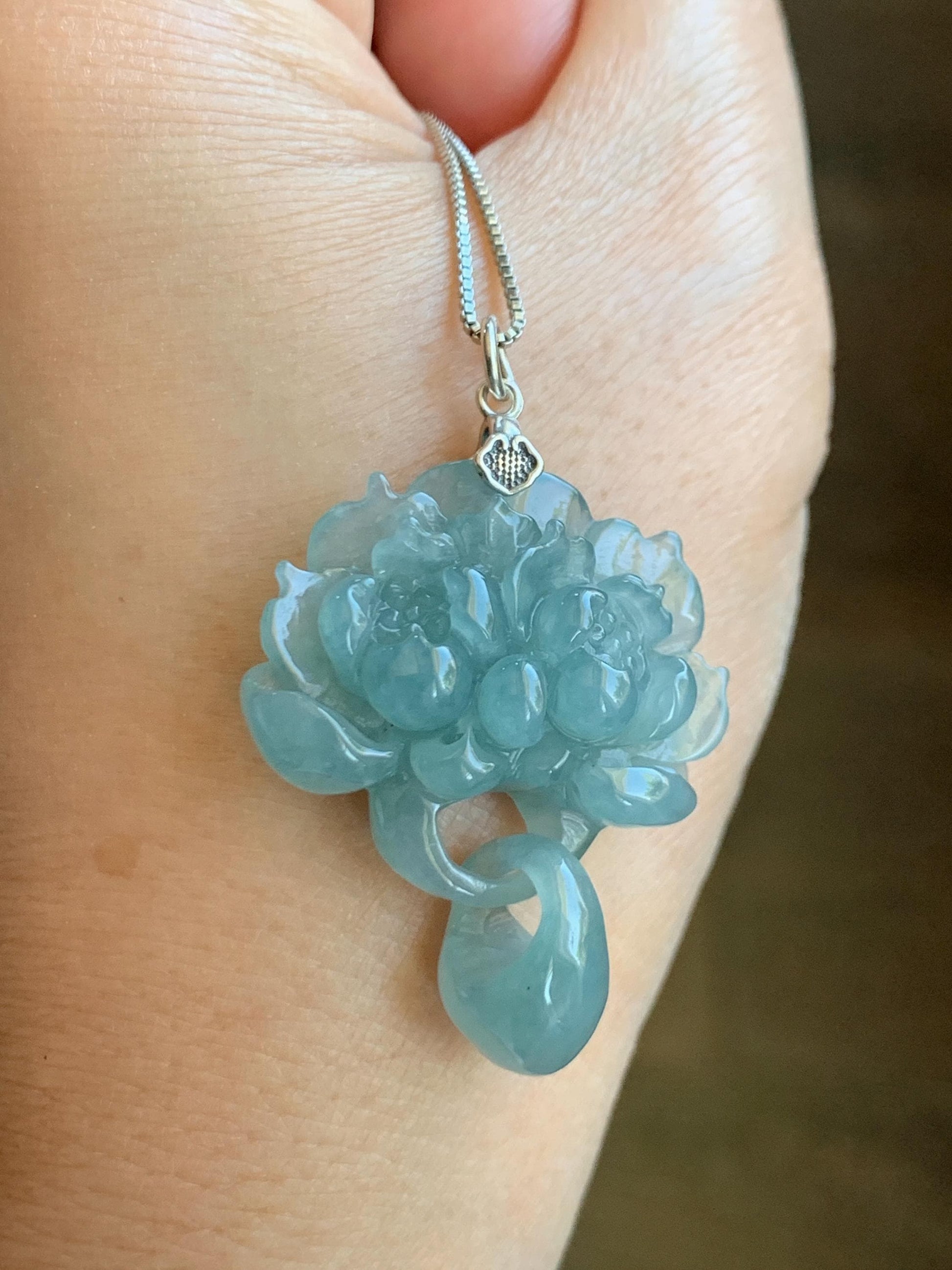 Certified Natural Guatemalan Icy Translucent Light Teal Blue Jade Jadeite Double Lotus Flower Pendant Sterling Silver 10g 天然冰危蓝翡翠双莲花吊坠 9964