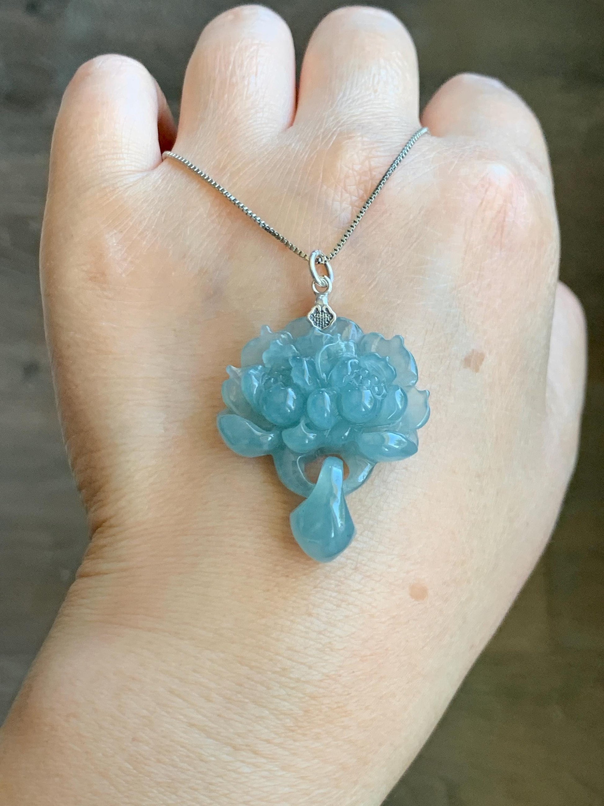 Certified Natural Guatemalan Icy Translucent Light Teal Blue Jade Jadeite Double Lotus Flower Pendant Sterling Silver 10g 天然冰危蓝翡翠双莲花吊坠 9964