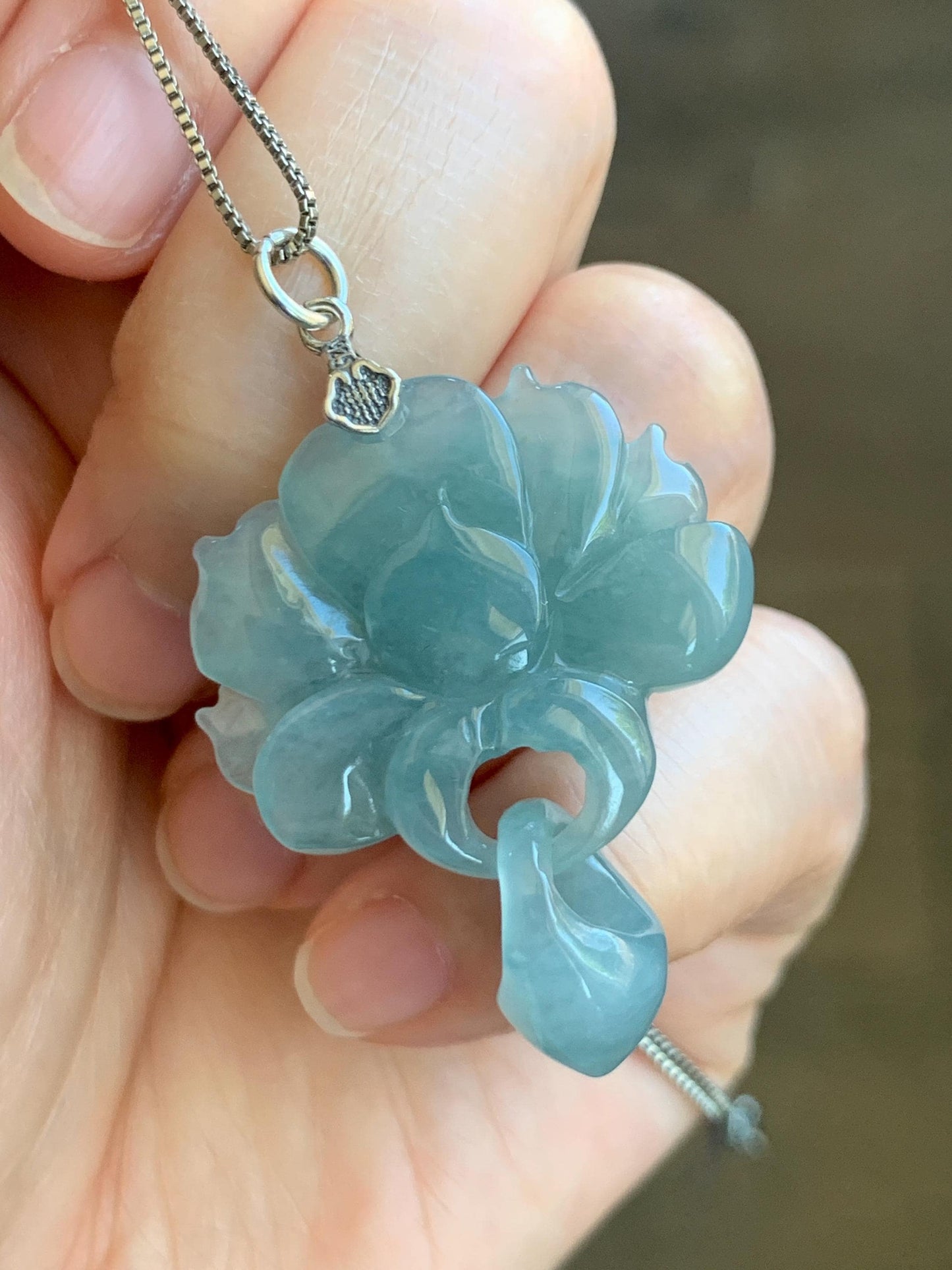 Certified Natural Guatemalan Icy Translucent Light Teal Blue Jade Jadeite Double Lotus Flower Pendant Sterling Silver 10g 天然冰危蓝翡翠双莲花吊坠 9964