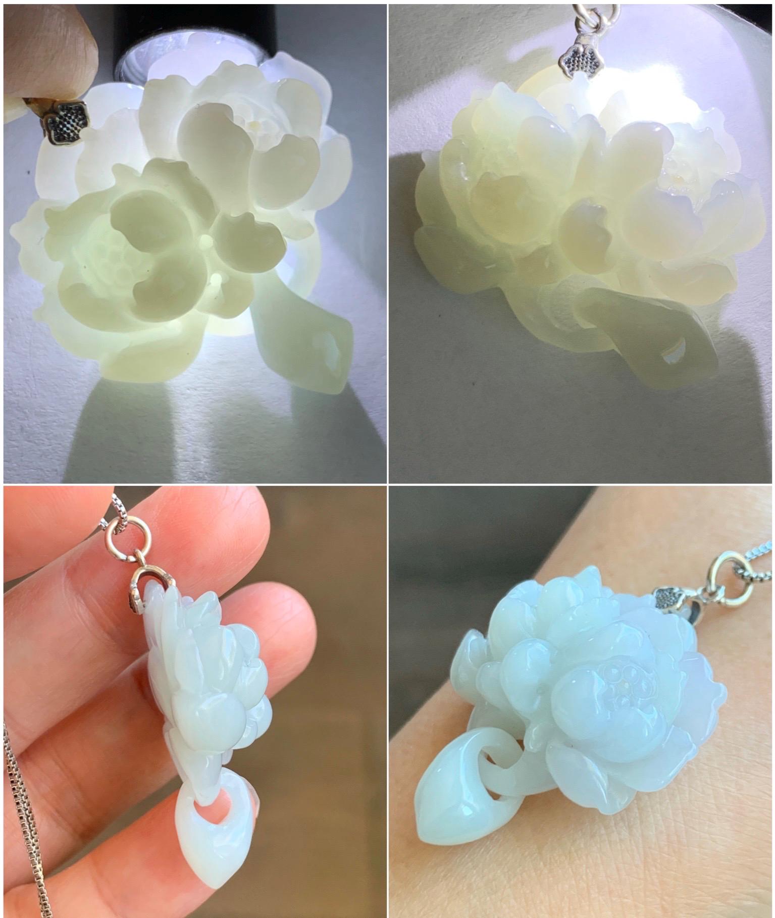 Certified Natural Grade A Translucent Pastel Green Jade Jadeite Double Lotus Flower Pendant Sterling Silver 12.4g 天然糯冰晴底翡翠双莲花吊坠 9965