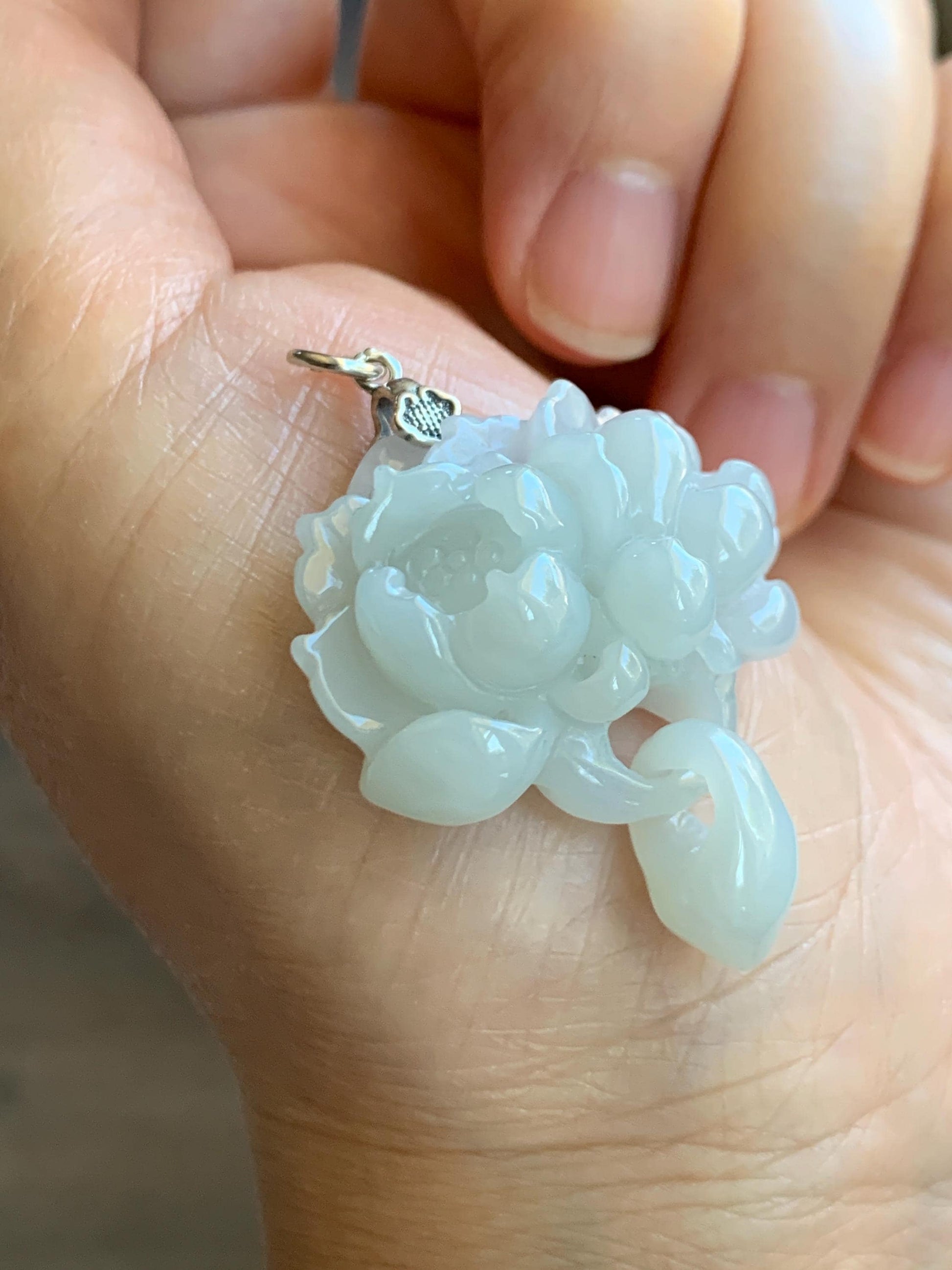 Certified Natural Grade A Translucent Pastel Green Jade Jadeite Double Lotus Flower Pendant Sterling Silver 12.4g 天然糯冰晴底翡翠双莲花吊坠 9965