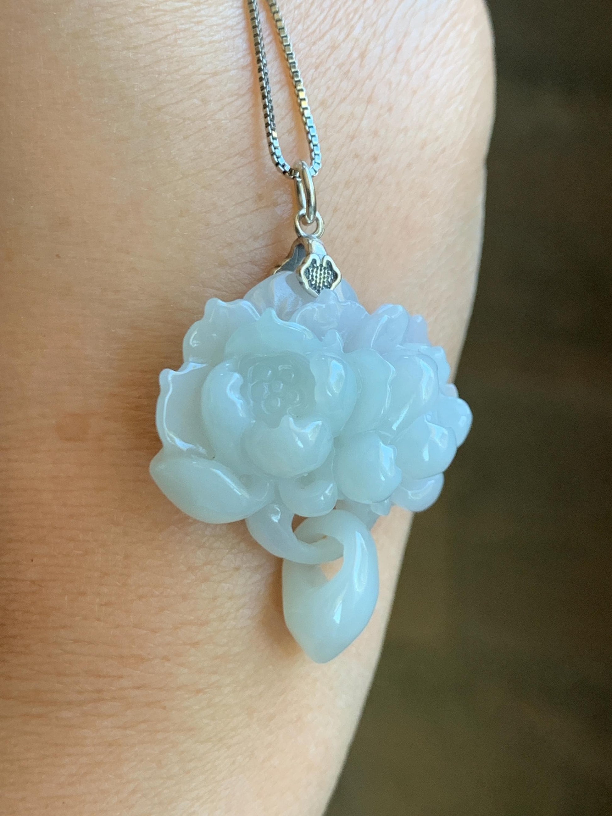 Certified Natural Grade A Translucent Pastel Green Jade Jadeite Double Lotus Flower Pendant Sterling Silver 12.4g 天然糯冰晴底翡翠双莲花吊坠 9965