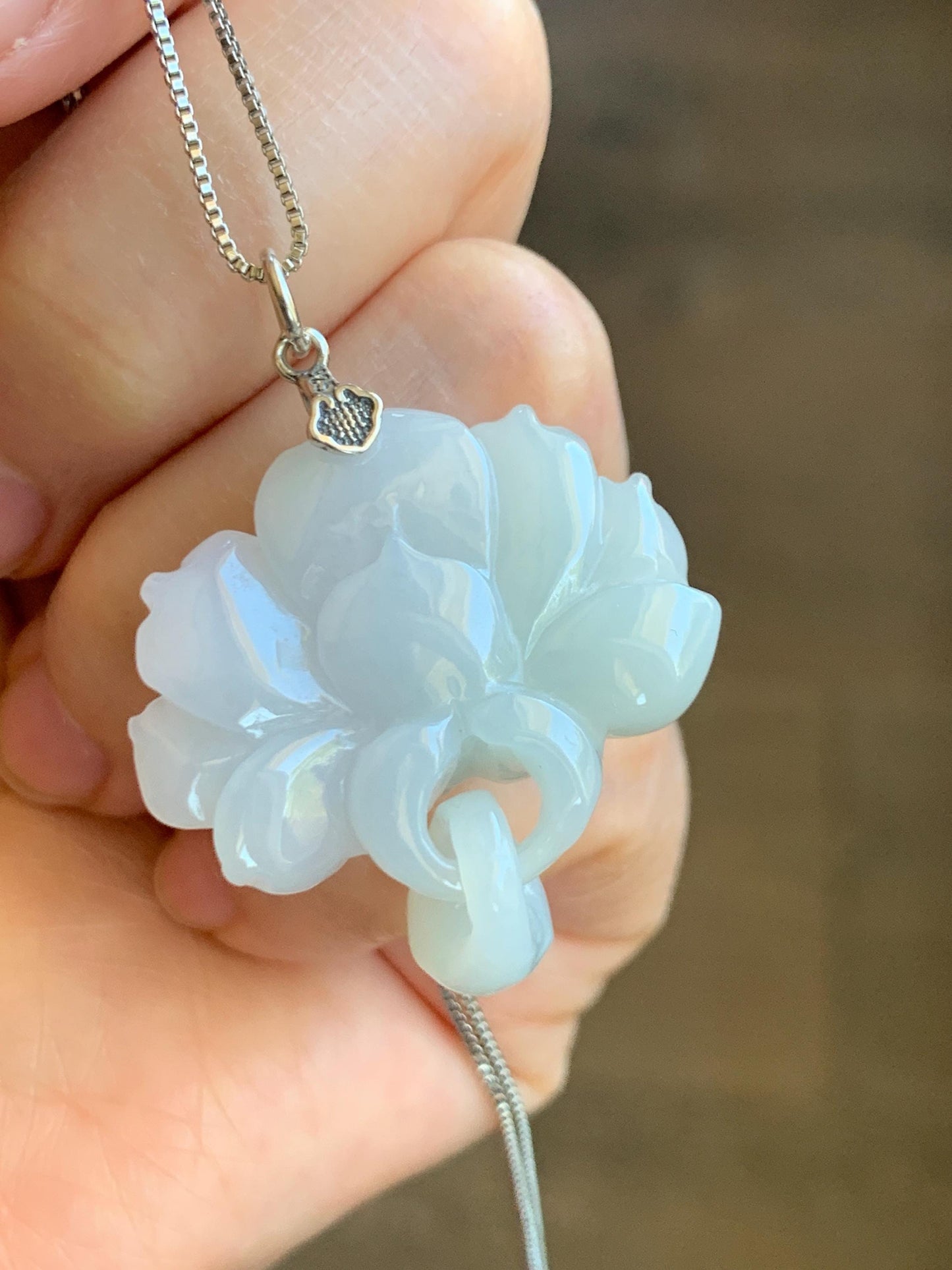 Certified Natural Grade A Translucent Pastel Green Jade Jadeite Double Lotus Flower Pendant Sterling Silver 12.4g 天然糯冰晴底翡翠双莲花吊坠 9965