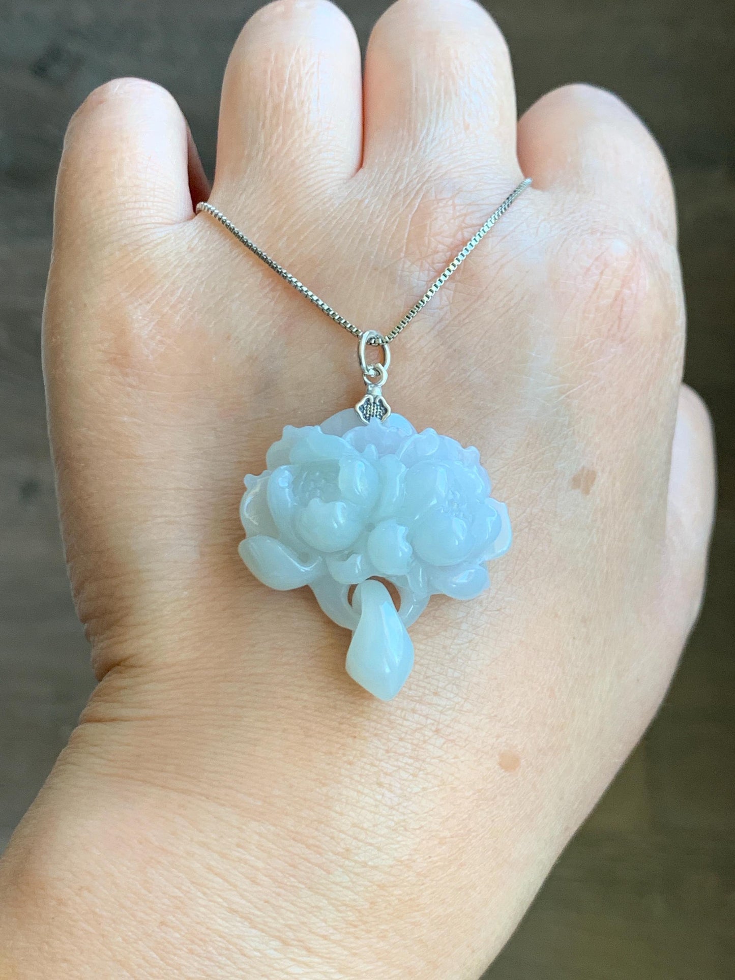 Certified Natural Grade A Translucent Pastel Green Jade Jadeite Double Lotus Flower Pendant Sterling Silver 12.4g 天然糯冰晴底翡翠双莲花吊坠 9965