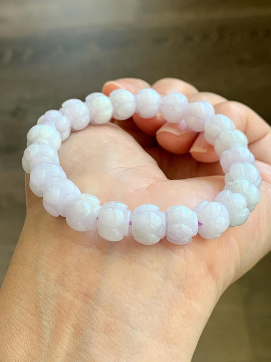 Natural Grade A Icy Translucent White Jadeite w/ Pastel Purple Undertone Lotus Flower beads Beaded Bracelet 6.75” 天然糯冰淡紫底翡翠莲花珠手串 DZLH370A