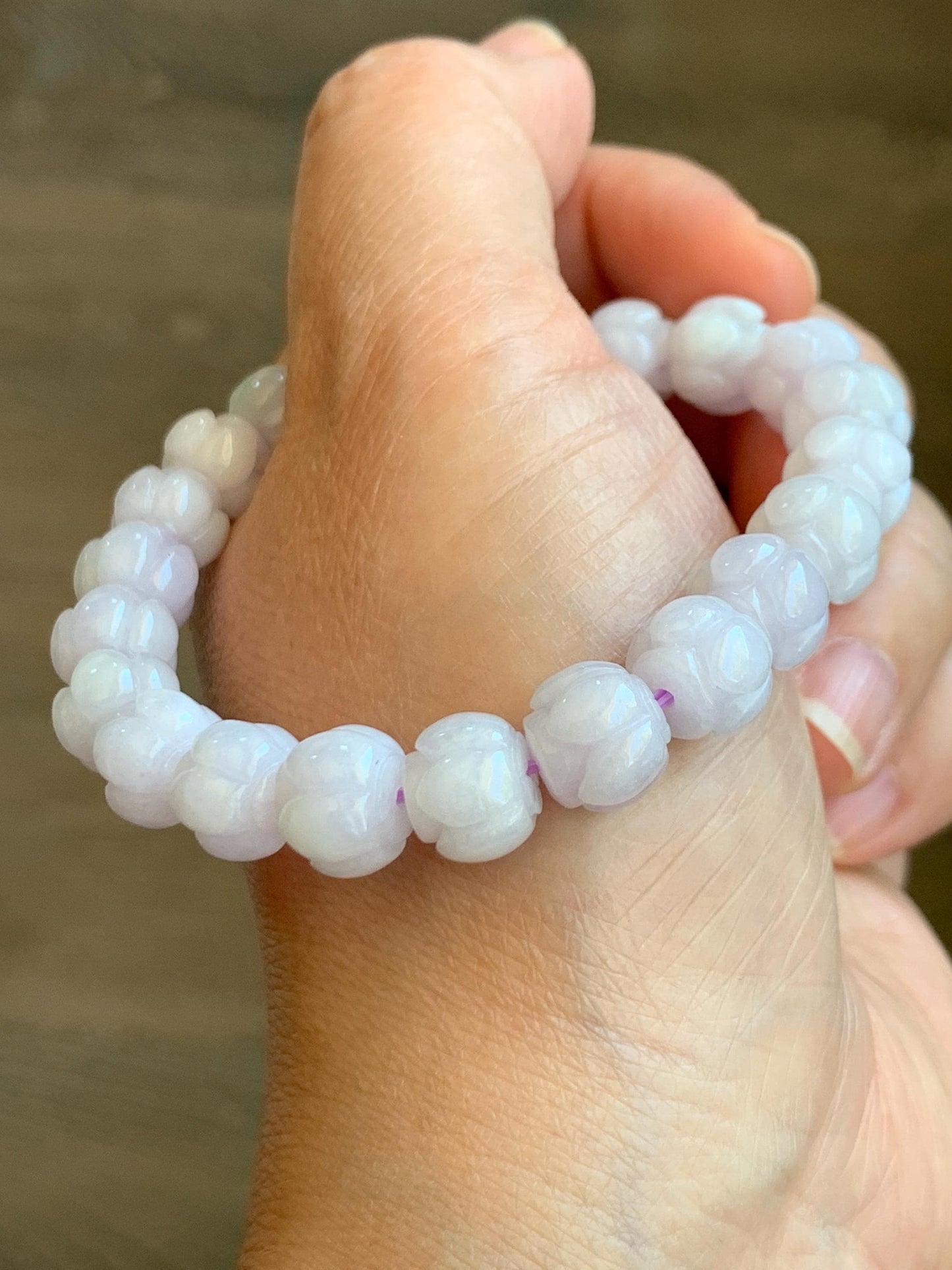 Natural Grade A Icy Translucent White Jadeite w/ Pastel Purple Undertone Lotus Flower beads Beaded Bracelet 6.75” 天然糯冰淡紫底翡翠莲花珠手串 DZLH370A