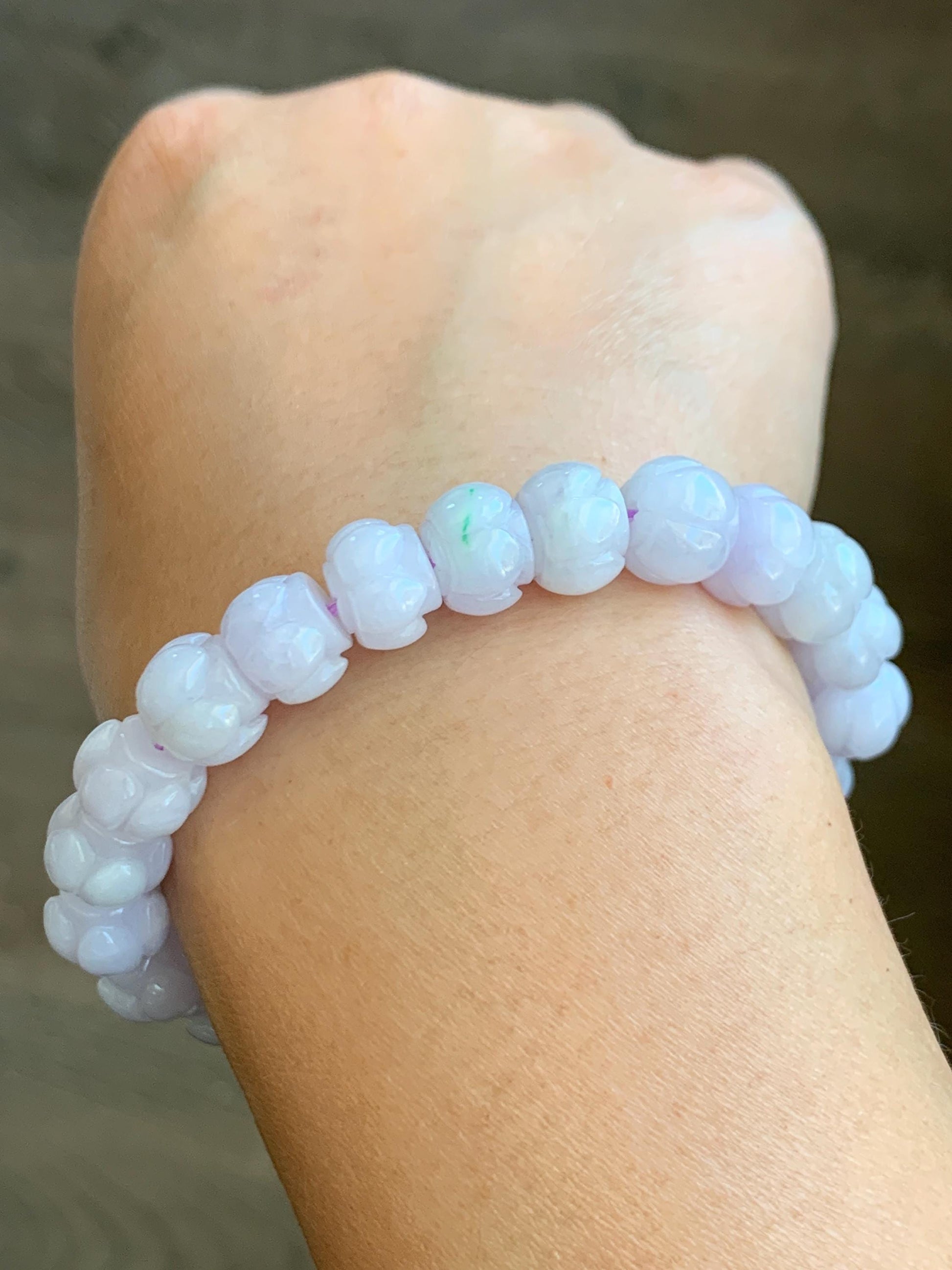 Natural Grade A Icy Translucent White Jadeite w/ Pastel Purple Undertone Lotus Flower beads Beaded Bracelet 6.75” 天然糯冰淡紫底翡翠莲花珠手串 DZLH370A