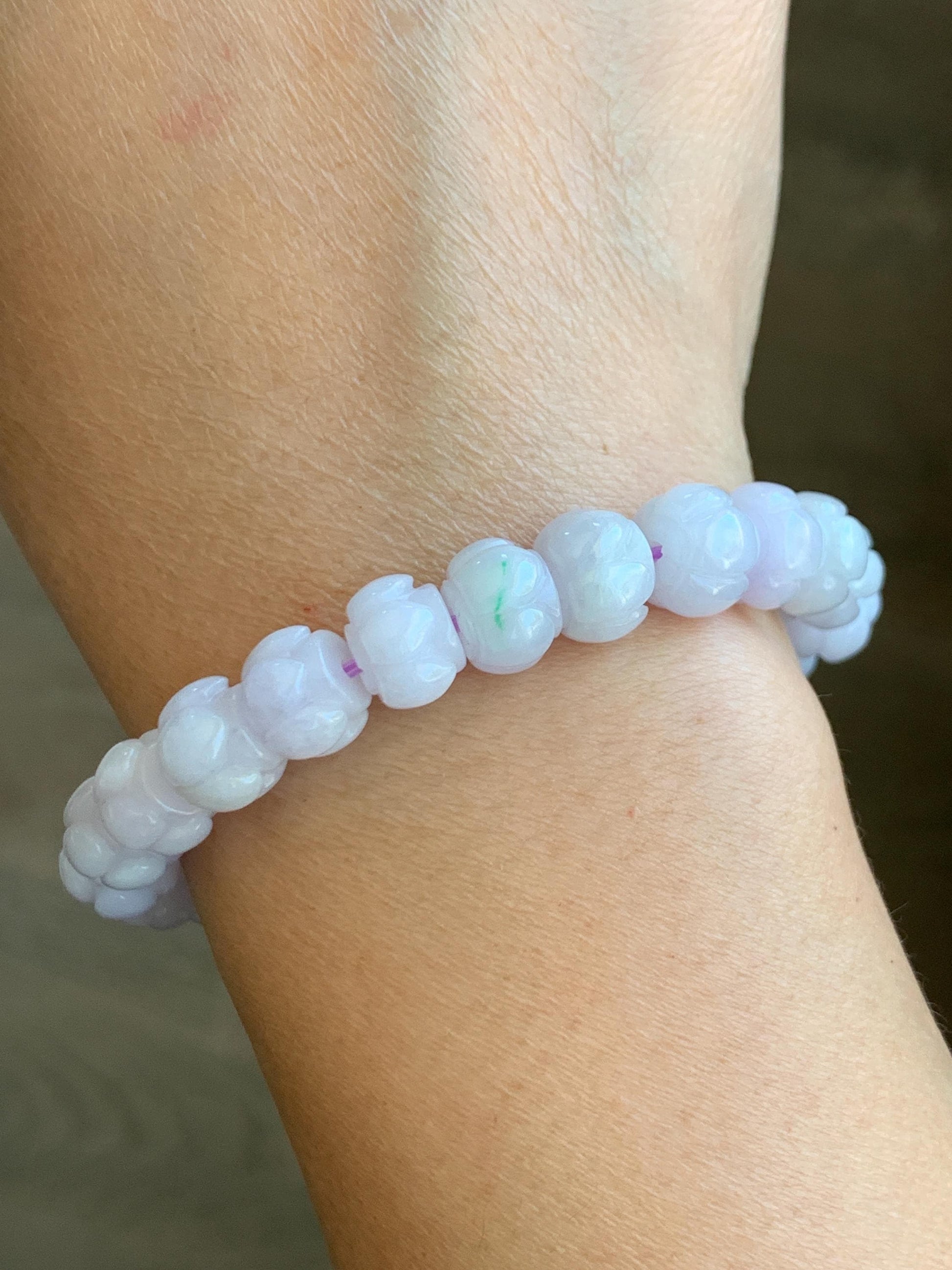 Natural Grade A Icy Translucent White Jadeite w/ Pastel Purple Undertone Lotus Flower beads Beaded Bracelet 6.75” 天然糯冰淡紫底翡翠莲花珠手串 DZLH370A