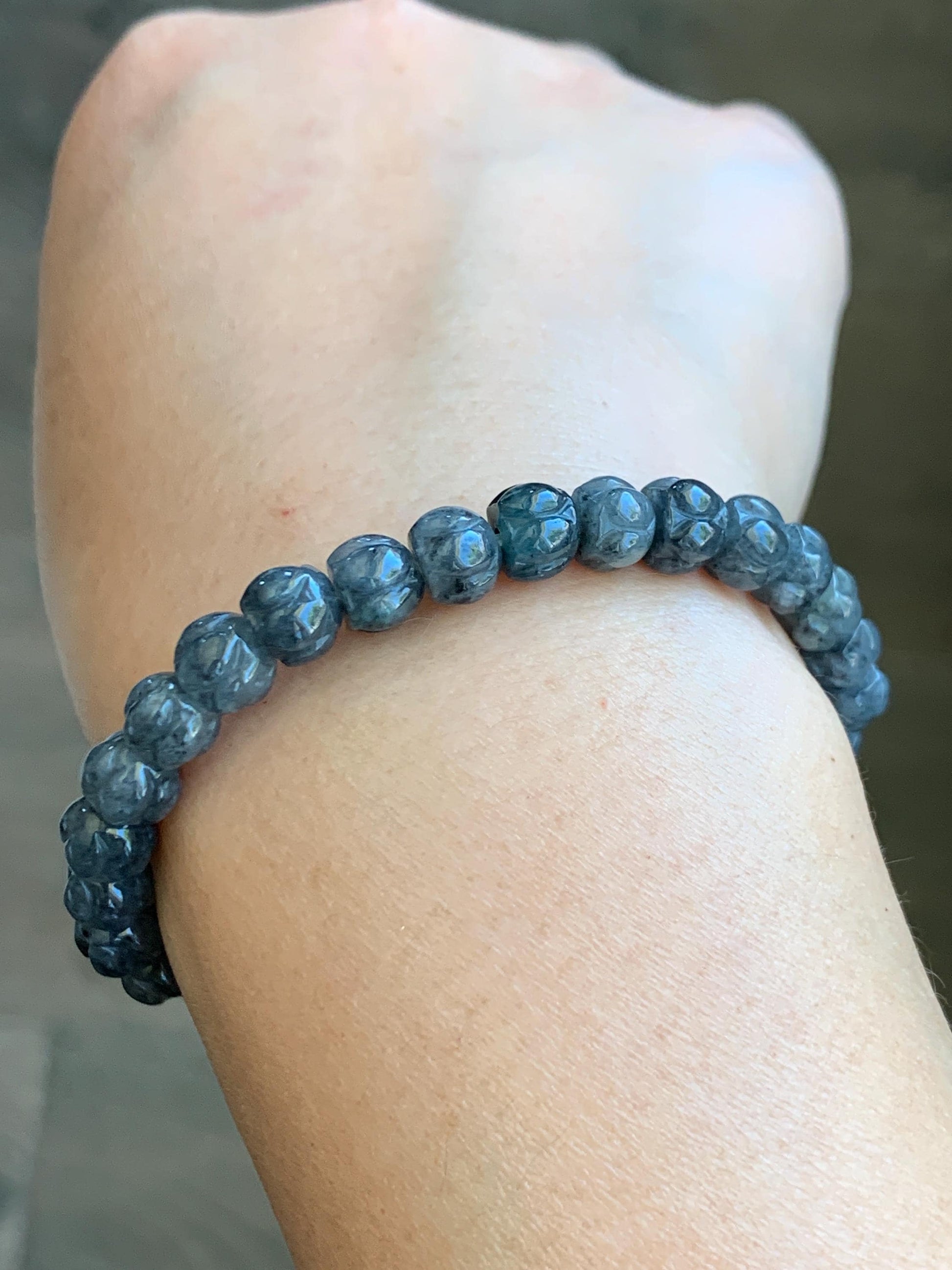 Natural Grade A Icy Translucent Gelatinous Wuji Jadeite Carved Lotus Flower Beads Beaded Bracelet 6.75” 15g 天然冰乌鸡翡翠莲花珠手串 WJLH360B