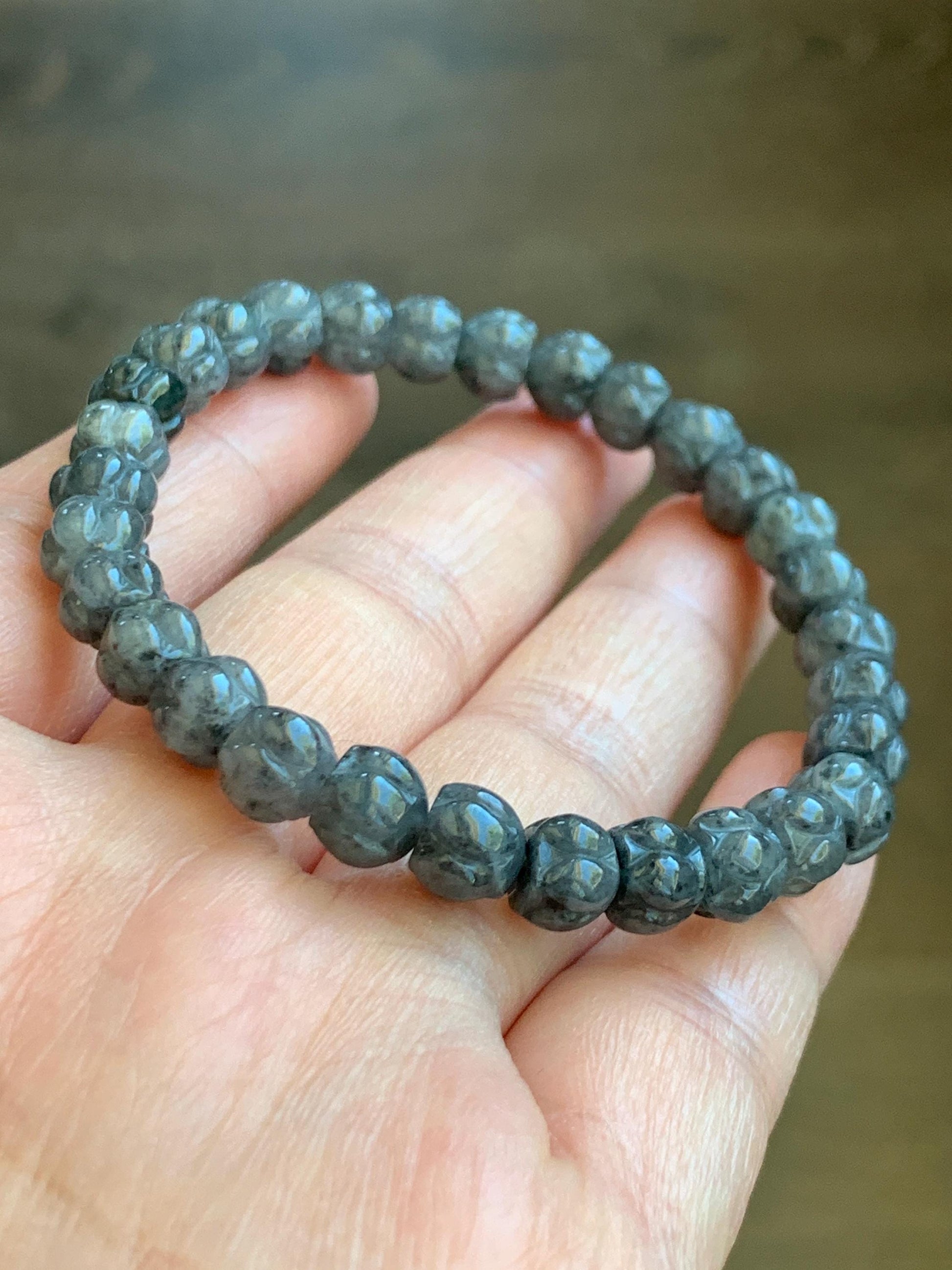 Natural Grade A Icy Translucent Gelatinous Wuji Jadeite Carved Lotus Flower Beads Beaded Bracelet 6.75” 15g 天然冰乌鸡翡翠莲花珠手串 WJLH360B