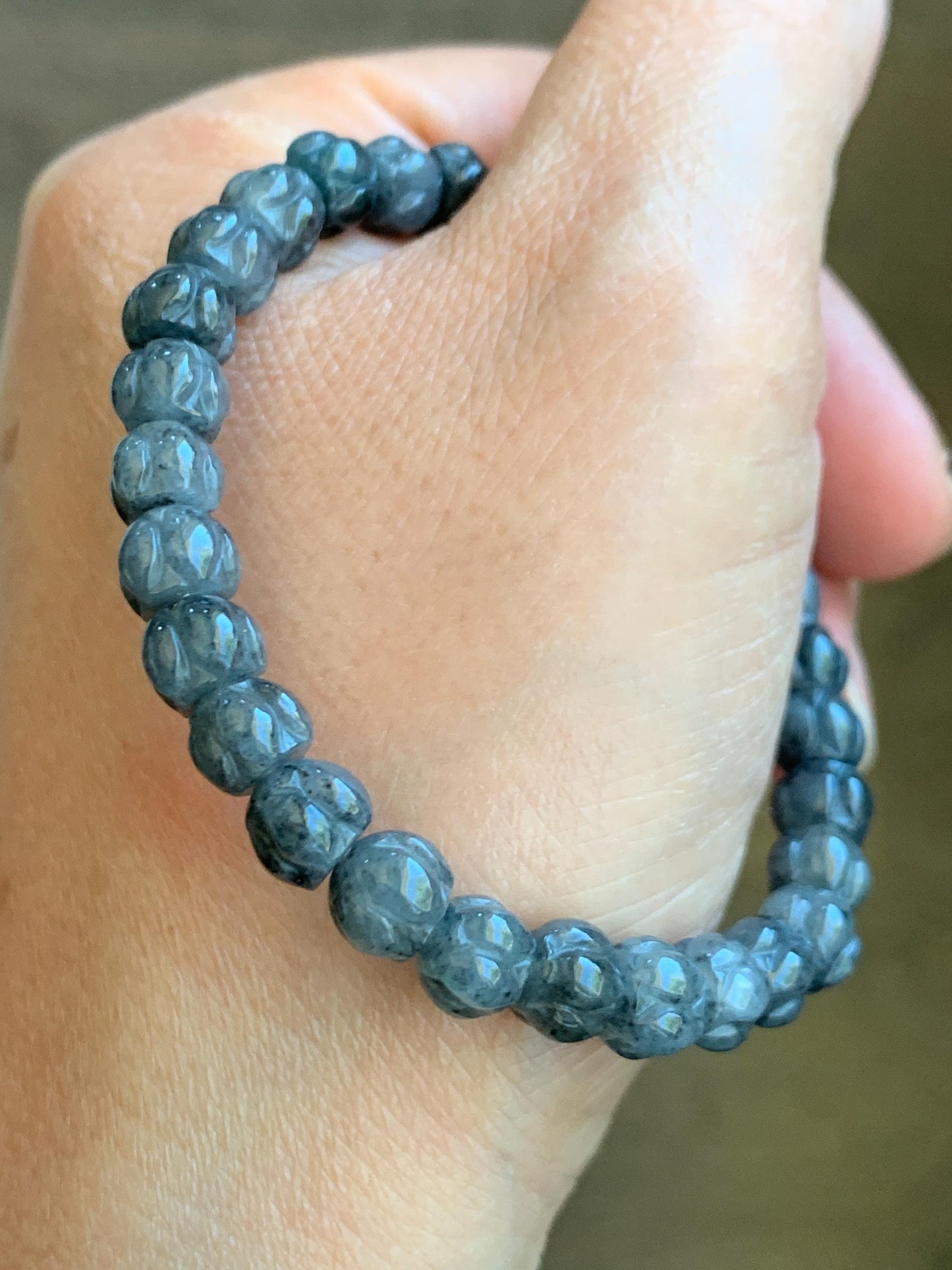 Natural Grade A Icy Translucent Gelatinous Wuji Jadeite Carved Lotus Flower Beads Beaded Bracelet 6.75” 15g 天然冰乌鸡翡翠莲花珠手串 WJLH360B