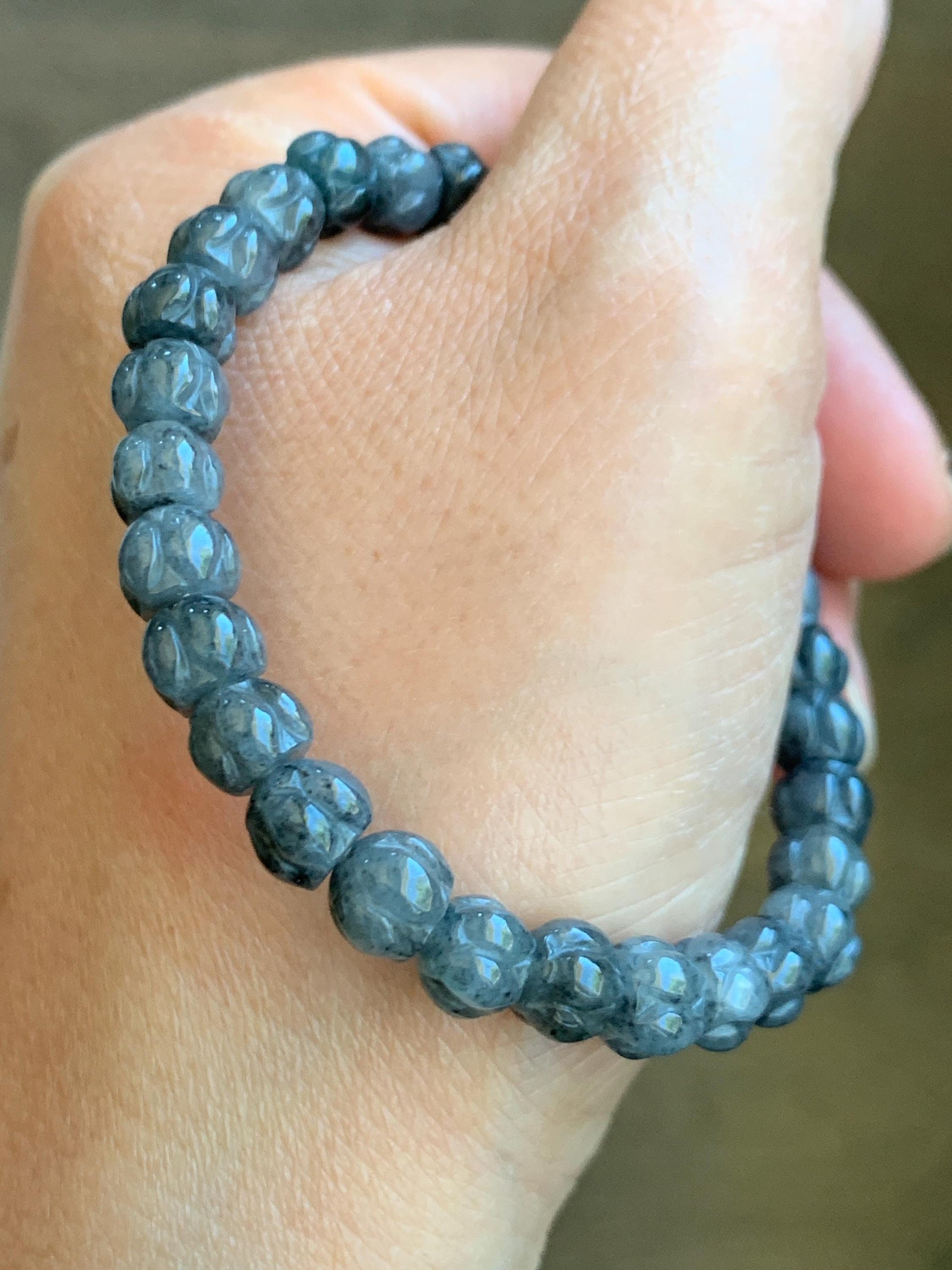 Natural Grade A Icy Translucent Gelatinous Wuji Jadeite Carved Lotus Flower Beads Beaded Bracelet 6.75” 15g 天然冰乌鸡翡翠莲花珠手串 WJLH360B