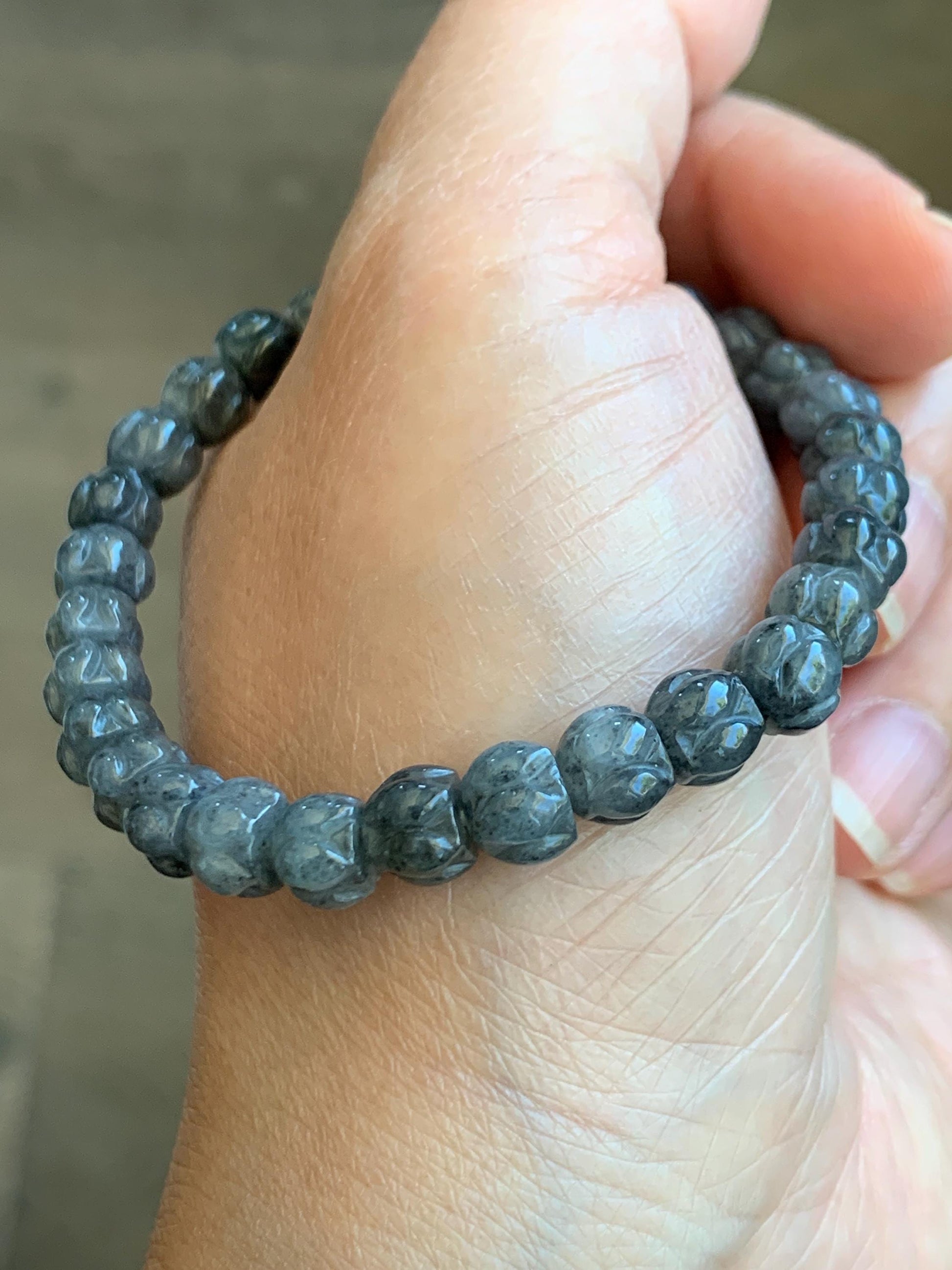 Natural Grade A Icy Translucent Gelatinous Wuji Jadeite Carved Lotus Flower Beads Beaded Bracelet 6.75” 15g 天然冰乌鸡翡翠莲花珠手串 WJLH360B