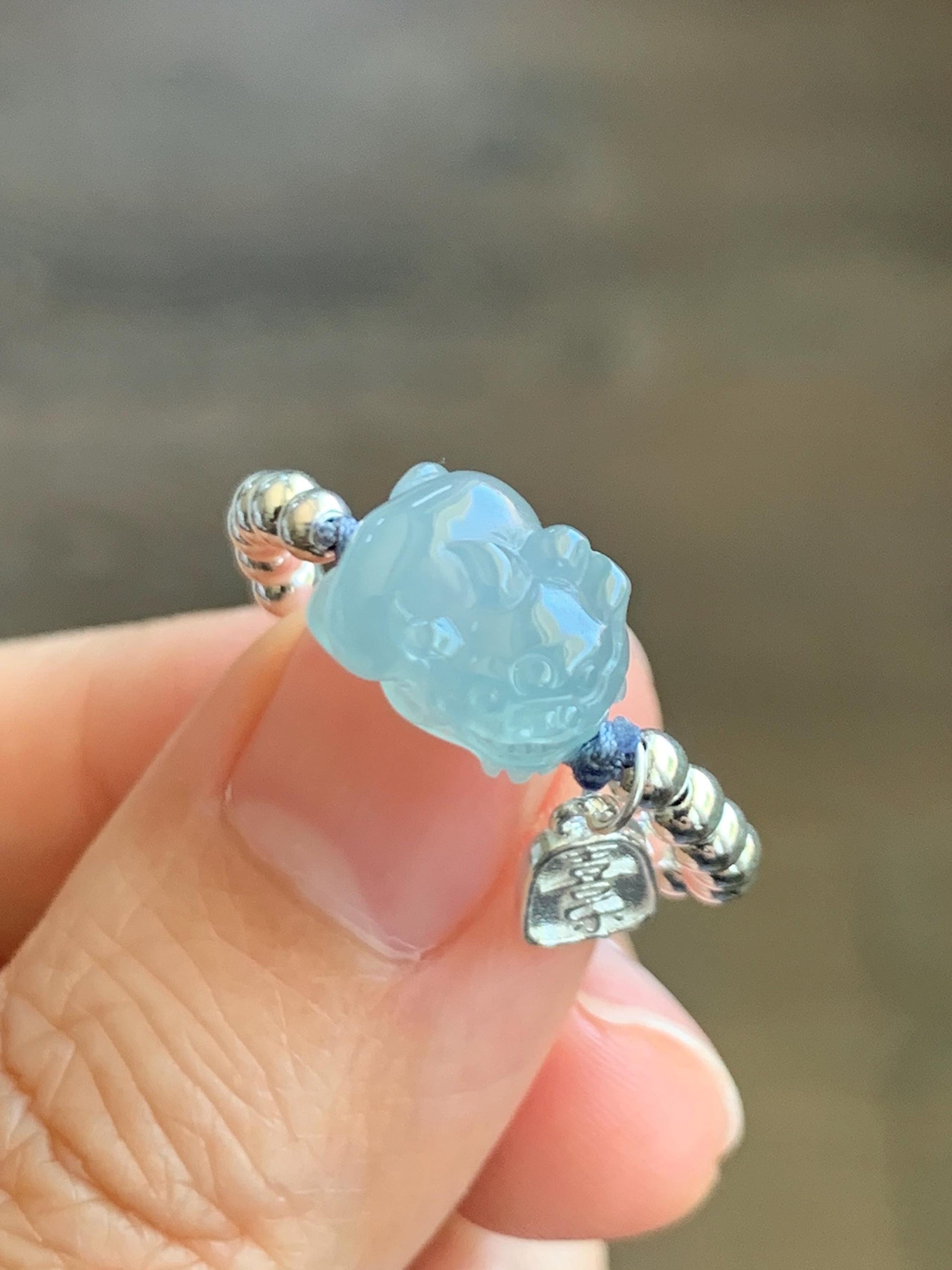 Natural Guatemalan Icy Highly Translucent Light Blue Jadeite Petite Pixiu Sterling Silver Beads Beaded Ring size 7 3g 天然冰危浅蓝翡翠小貔貅银珠戒圈 JGX172