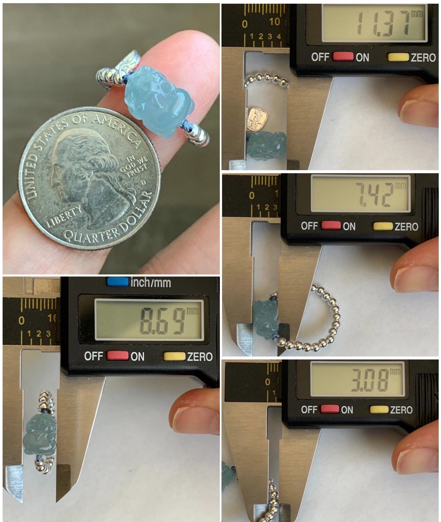 Natural Guatemalan Icy Highly Translucent Light Blue Jadeite Petite Pixiu Sterling Silver Beads Beaded Ring size 7 3g 天然冰危浅蓝翡翠小貔貅银珠戒圈 JGX172