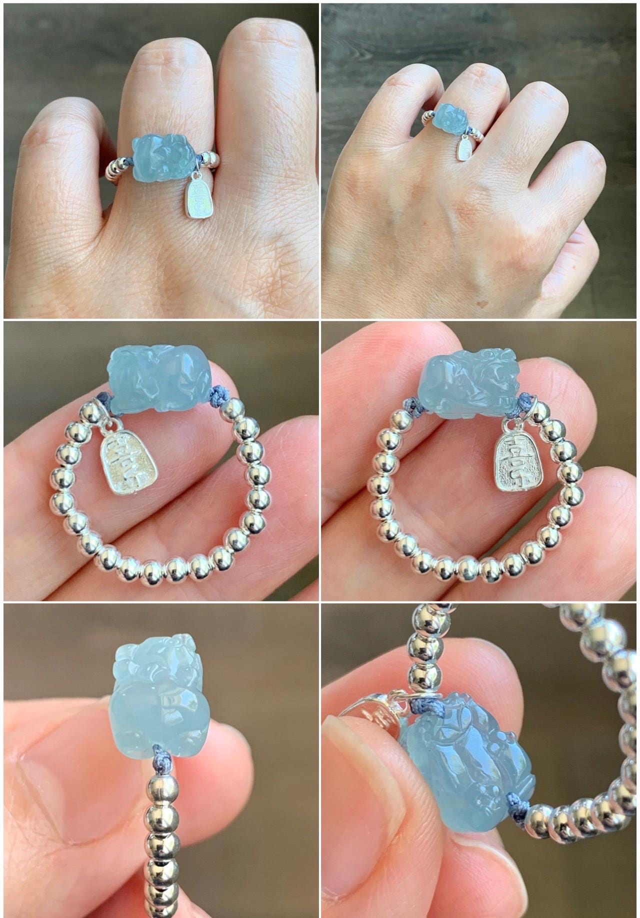 Natural Guatemalan Icy Highly Translucent Light Blue Jadeite Petite Pixiu Sterling Silver Beads Beaded Ring size 7 3g 天然冰危浅蓝翡翠小貔貅银珠戒圈 JGX172