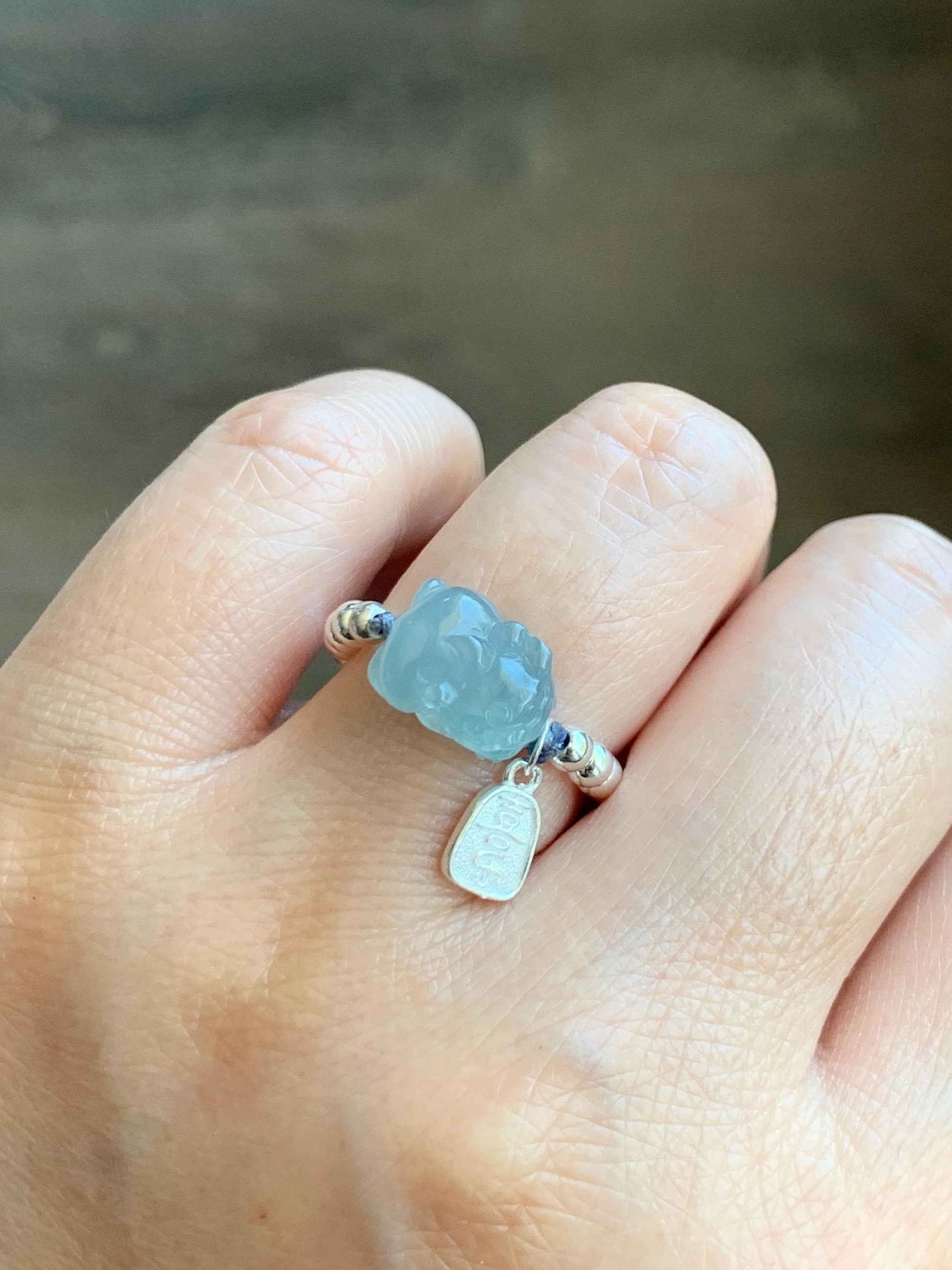 Natural Guatemalan Icy Highly Translucent Light Blue Jadeite Petite Pixiu Sterling Silver Beads Beaded Ring size 7 3g 天然冰危浅蓝翡翠小貔貅银珠戒圈 JGX172