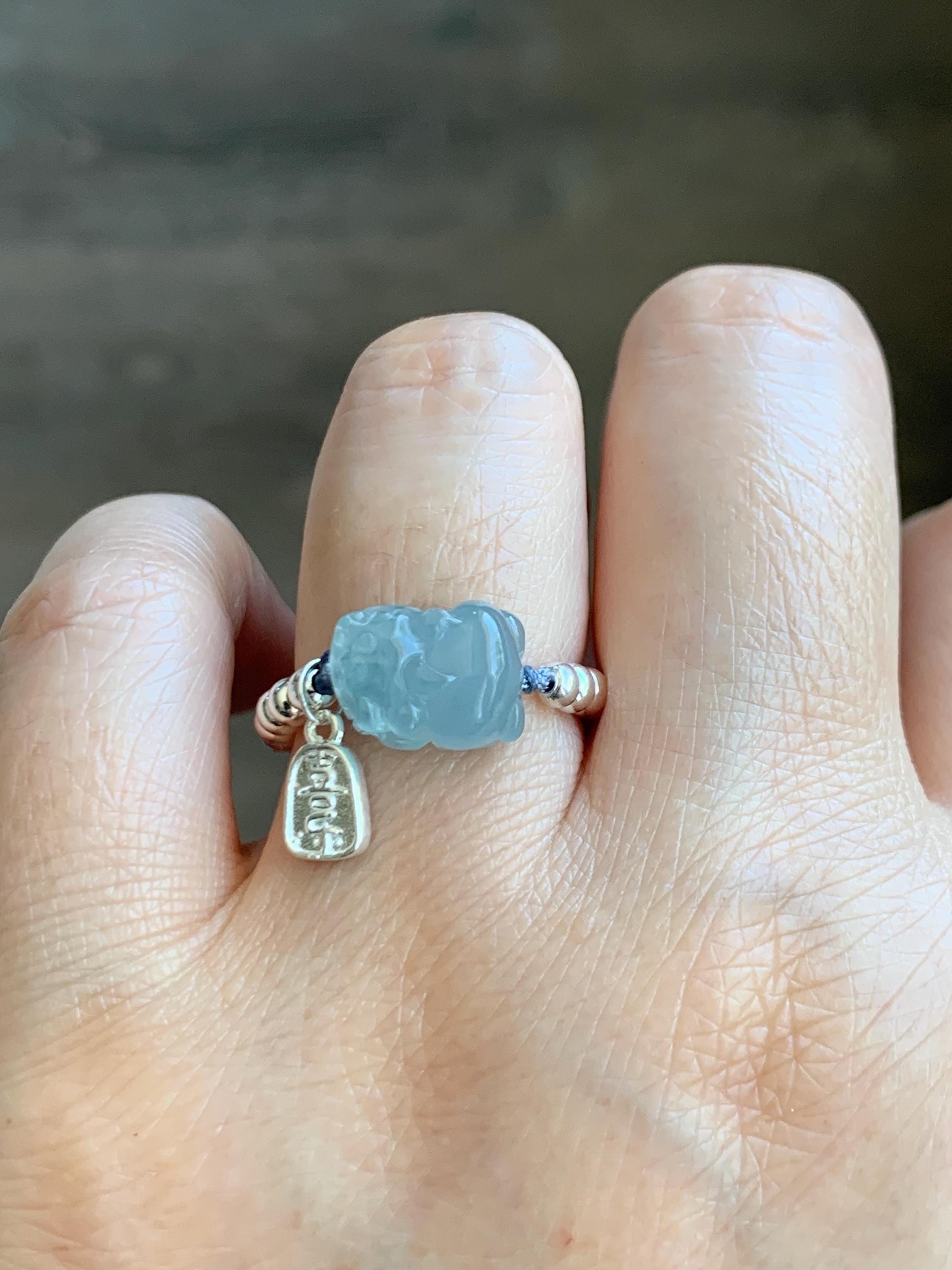 Natural Guatemalan Icy Highly Translucent Light Blue Jadeite Petite Pixiu Sterling Silver Beads Beaded Ring size 7 3g 天然冰危浅蓝翡翠小貔貅银珠戒圈 JGX172