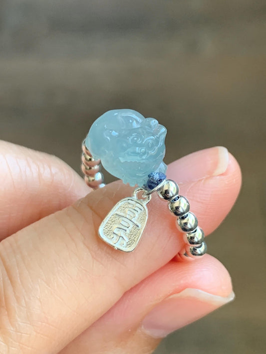 Natural Guatemalan Icy Highly Translucent Light Blue Jadeite Petite Pixiu Sterling Silver Beads Beaded Ring size 7 3g 天然冰危浅蓝翡翠小貔貅银珠戒圈 JGX172