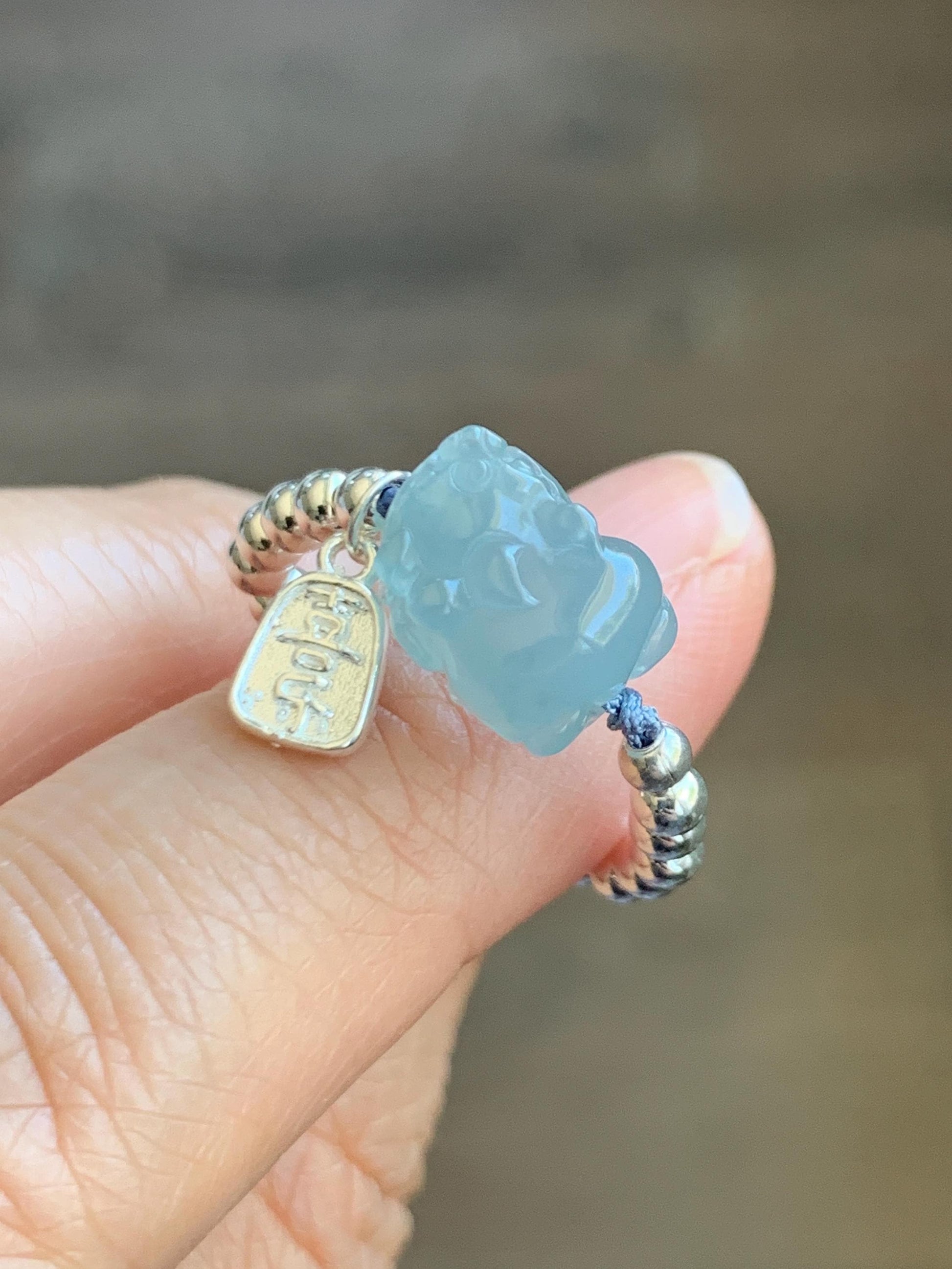 Natural Guatemalan Icy Highly Translucent Light Blue Jadeite Petite Pixiu Sterling Silver Beads Beaded Ring size 7 3g 天然冰危浅蓝翡翠小貔貅银珠戒圈 JGX172