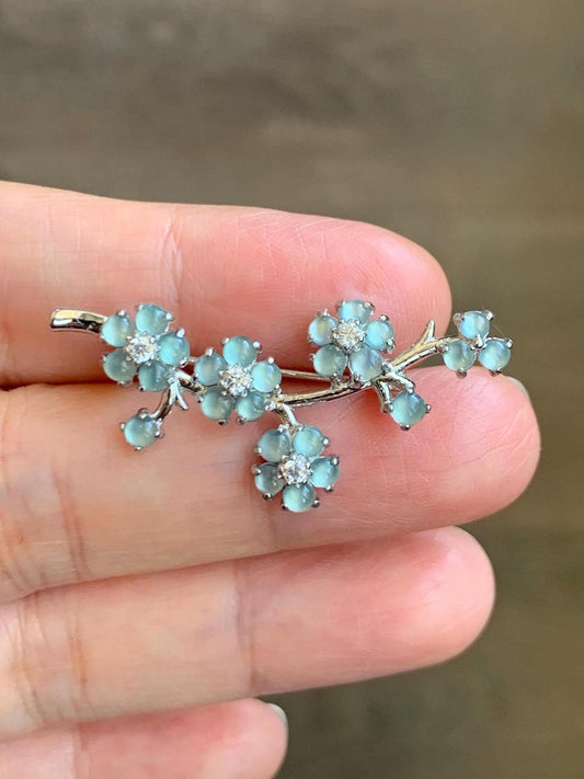 Certified Natural Guatemalan Icy Highly Translucent Light Blue Jadeite Cherry Blossom Brooch S925 Sterling Silver 天然冰危淡蓝起光翡翠银镶梅花枝胸针 3823