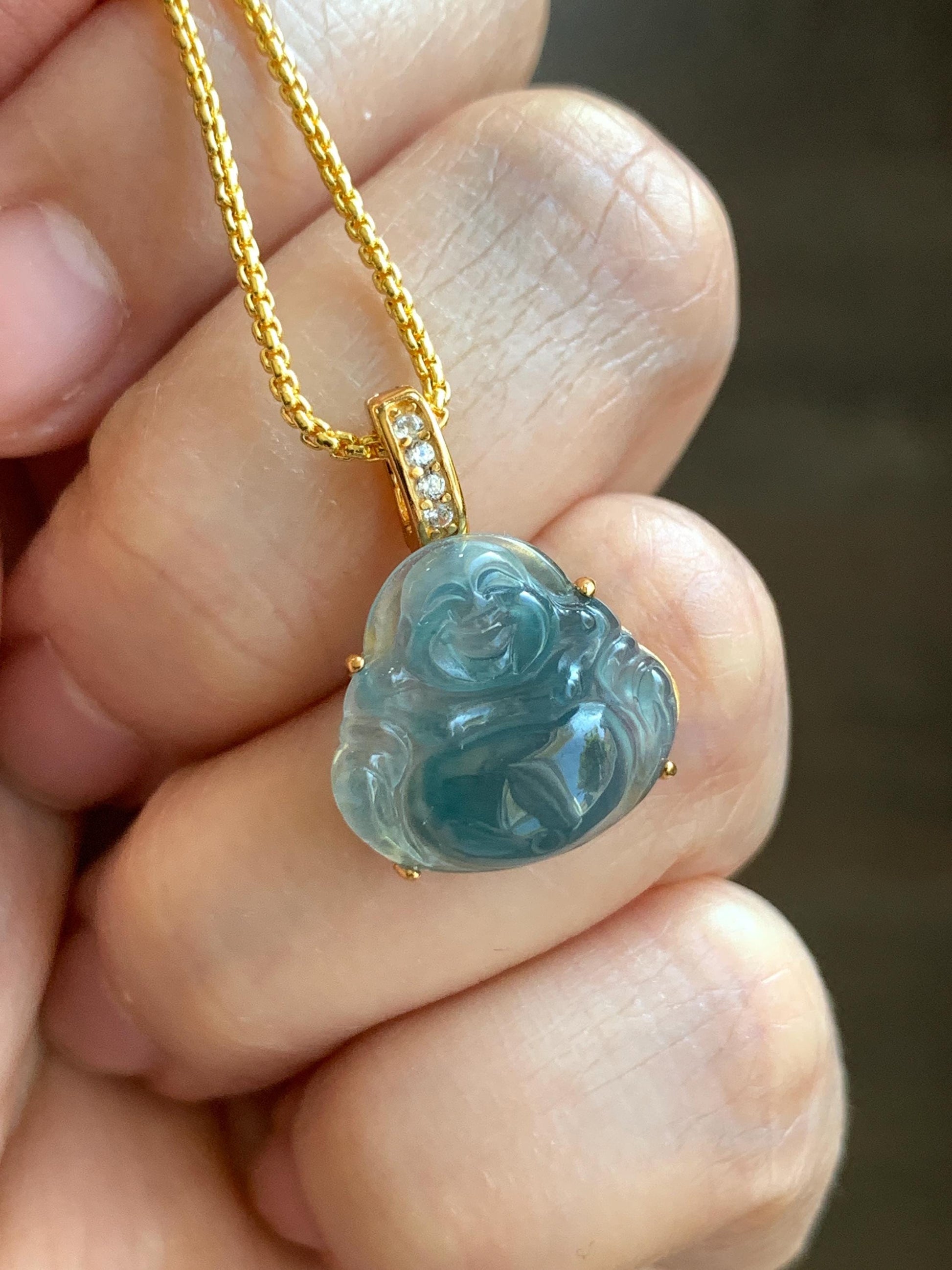 Natural Grade A Guatemalan Icy Highly Translucent Aegean Blue Jadeite Buddha Pendant Sterling Silver YG Overlay 天然冰危蓝绿起光翡翠佛公吊坠 WAL120A