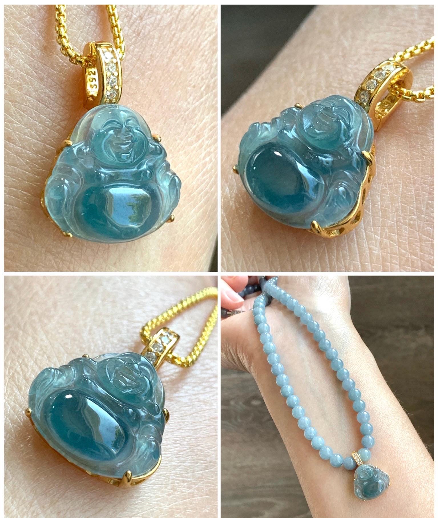 Natural Grade A Guatemalan Icy Highly Translucent Aegean Blue Jadeite Buddha Pendant Sterling Silver YG Overlay 天然冰危蓝绿起光翡翠佛公吊坠 WAL120A
