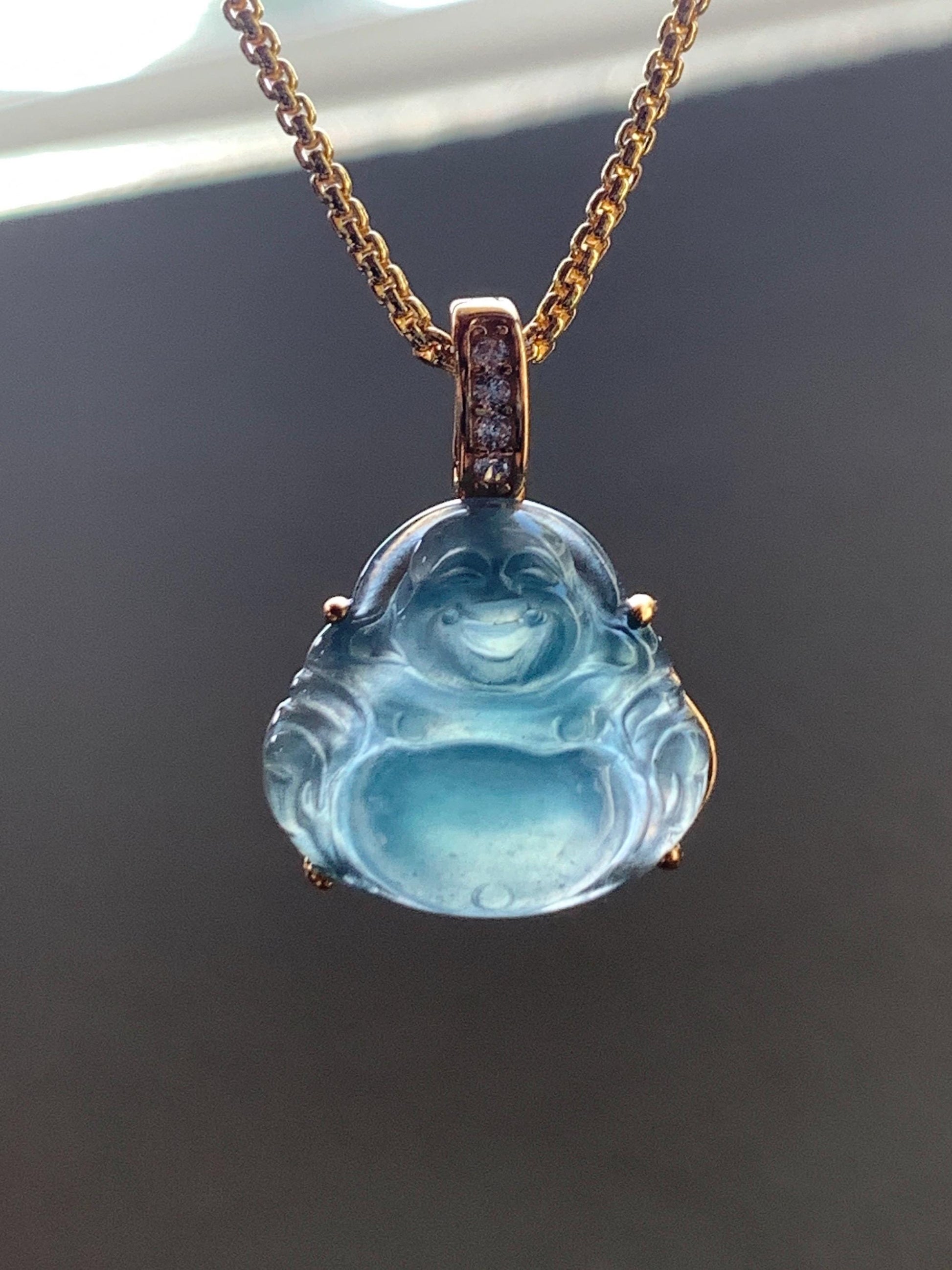 Natural Grade A Guatemalan Icy Highly Translucent Aegean Blue Jadeite Buddha Pendant Sterling Silver YG Overlay 天然冰危蓝绿起光翡翠佛公吊坠 WAL120A