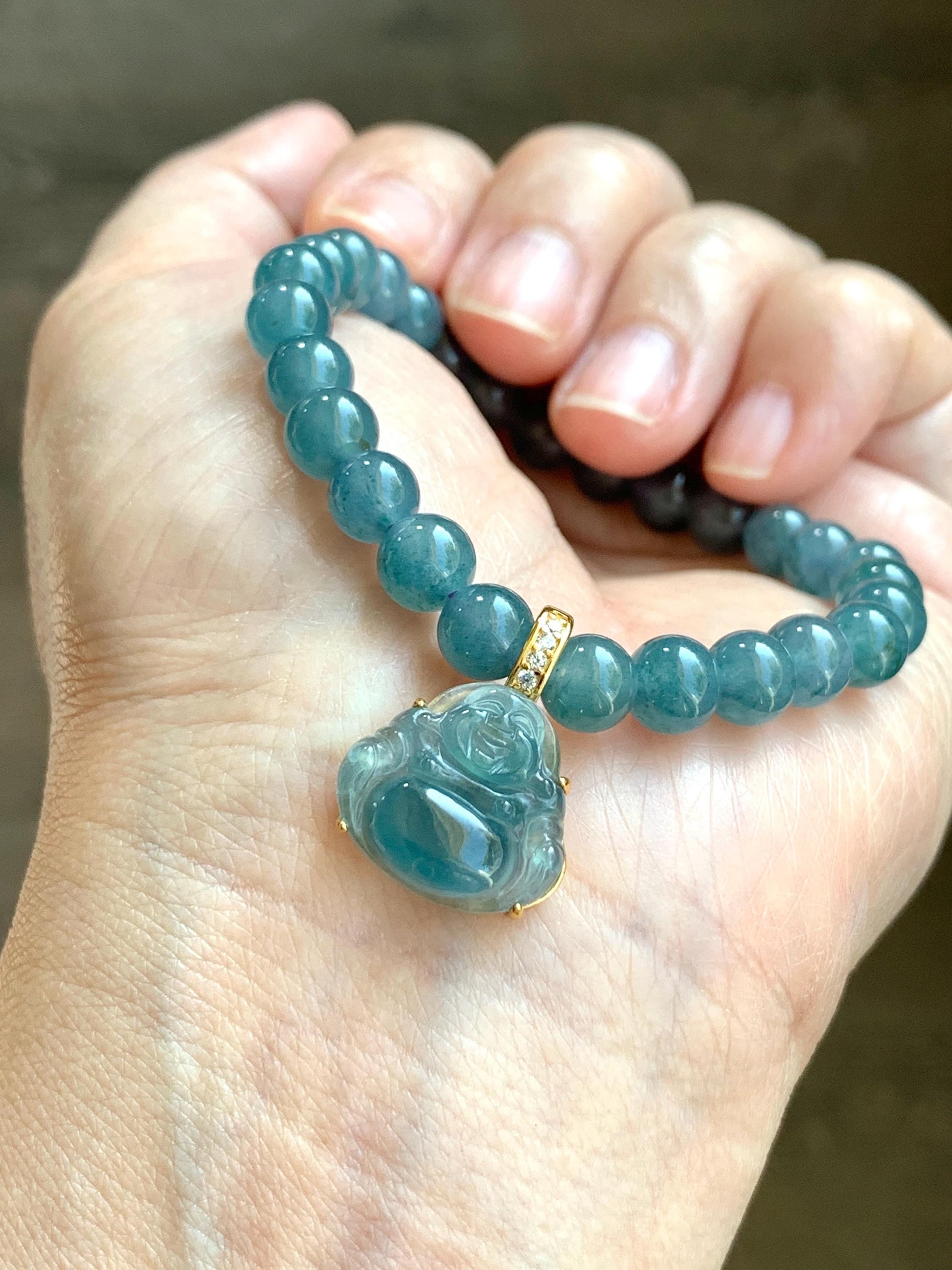 Natural Grade A Guatemalan Icy Highly Translucent Aegean Blue Jadeite Buddha Pendant Sterling Silver YG Overlay 天然冰危蓝绿起光翡翠佛公吊坠 WAL120A