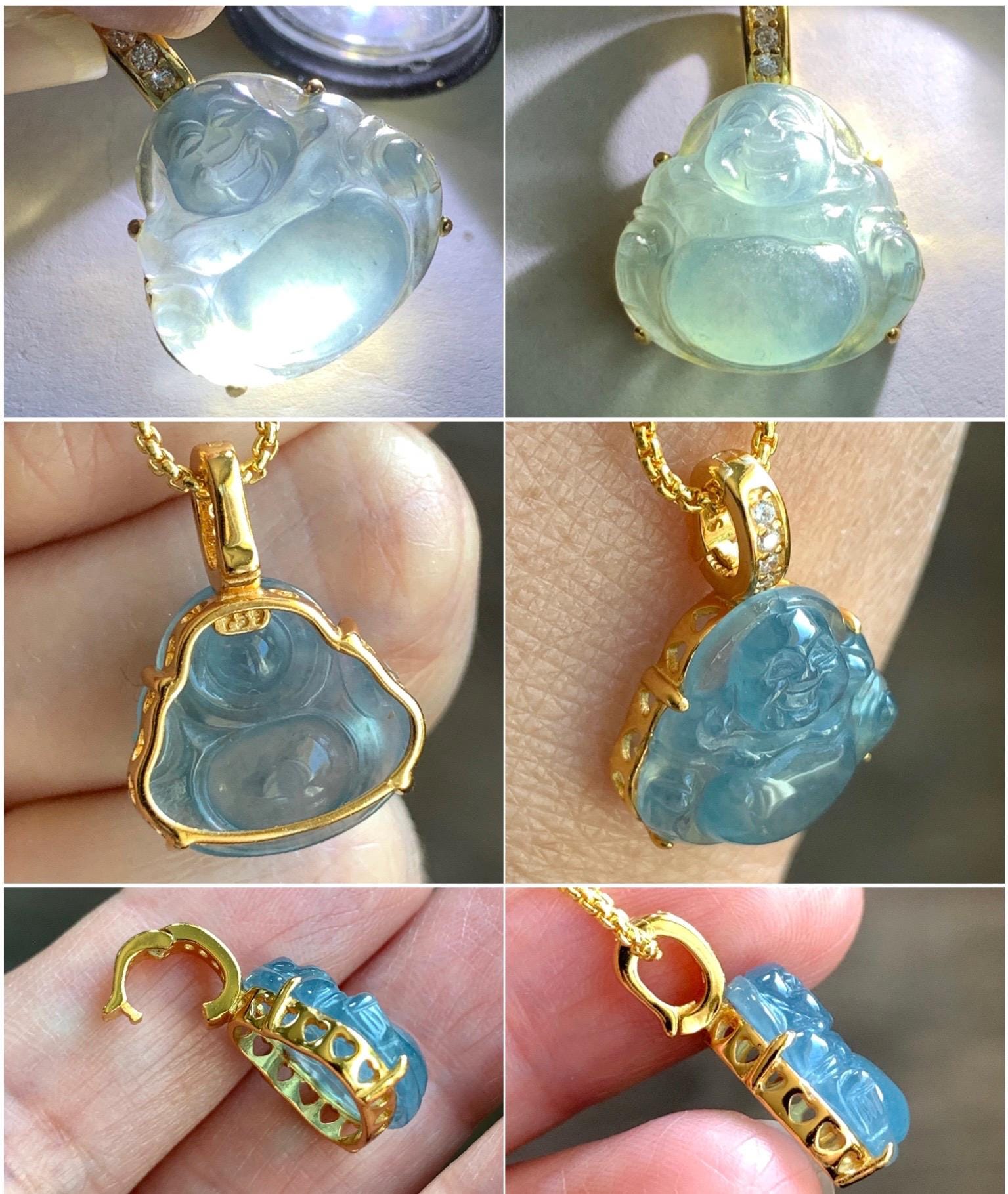 Natural Grade A Guatemalan Icy Highly Translucent Aegean Blue Jadeite Buddha Pendant Sterling Silver YG Overlay 天然冰危蓝绿起光翡翠佛公吊坠 WAL120B