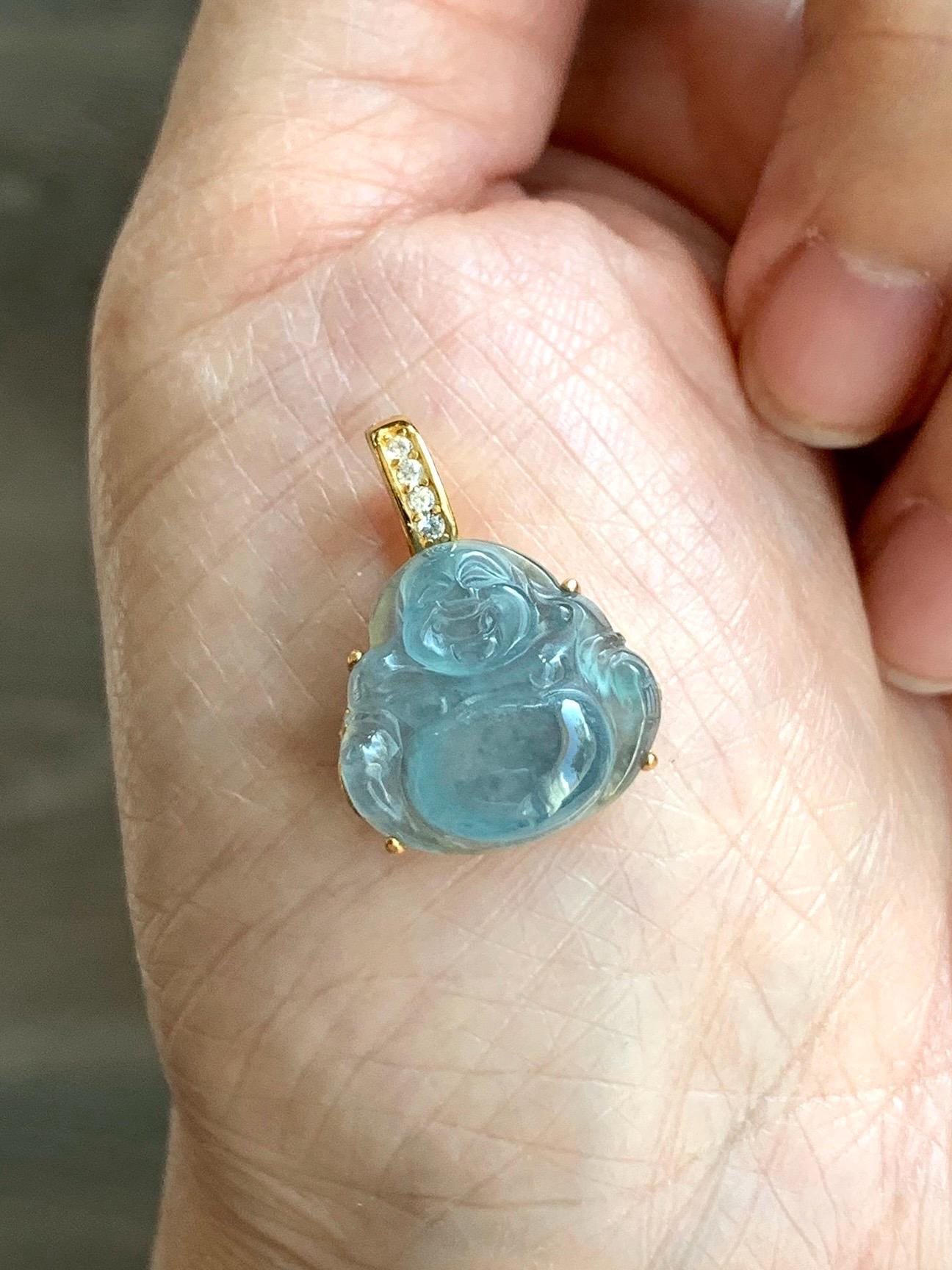 Natural Grade A Guatemalan Icy Highly Translucent Aegean Blue Jadeite Buddha Pendant Sterling Silver YG Overlay 天然冰危蓝绿起光翡翠佛公吊坠 WAL120B