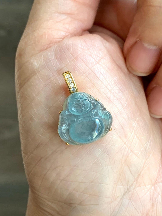 Natural Grade A Guatemalan Icy Highly Translucent Aegean Blue Jadeite Buddha Pendant Sterling Silver YG Overlay 天然冰危蓝绿起光翡翠佛公吊坠 WAL120B