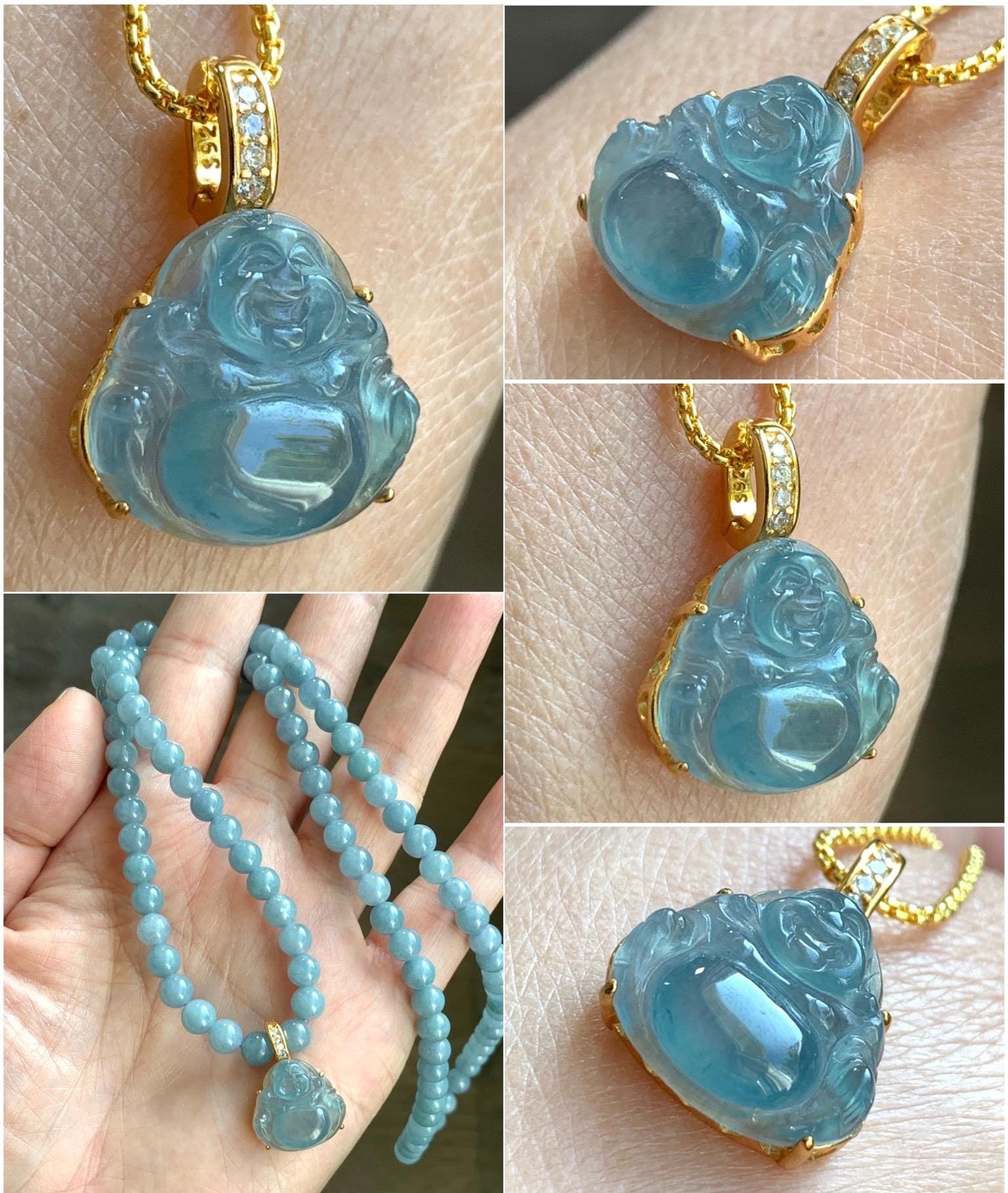 Natural Grade A Guatemalan Icy Highly Translucent Aegean Blue Jadeite Buddha Pendant Sterling Silver YG Overlay 天然冰危蓝绿起光翡翠佛公吊坠 WAL120B