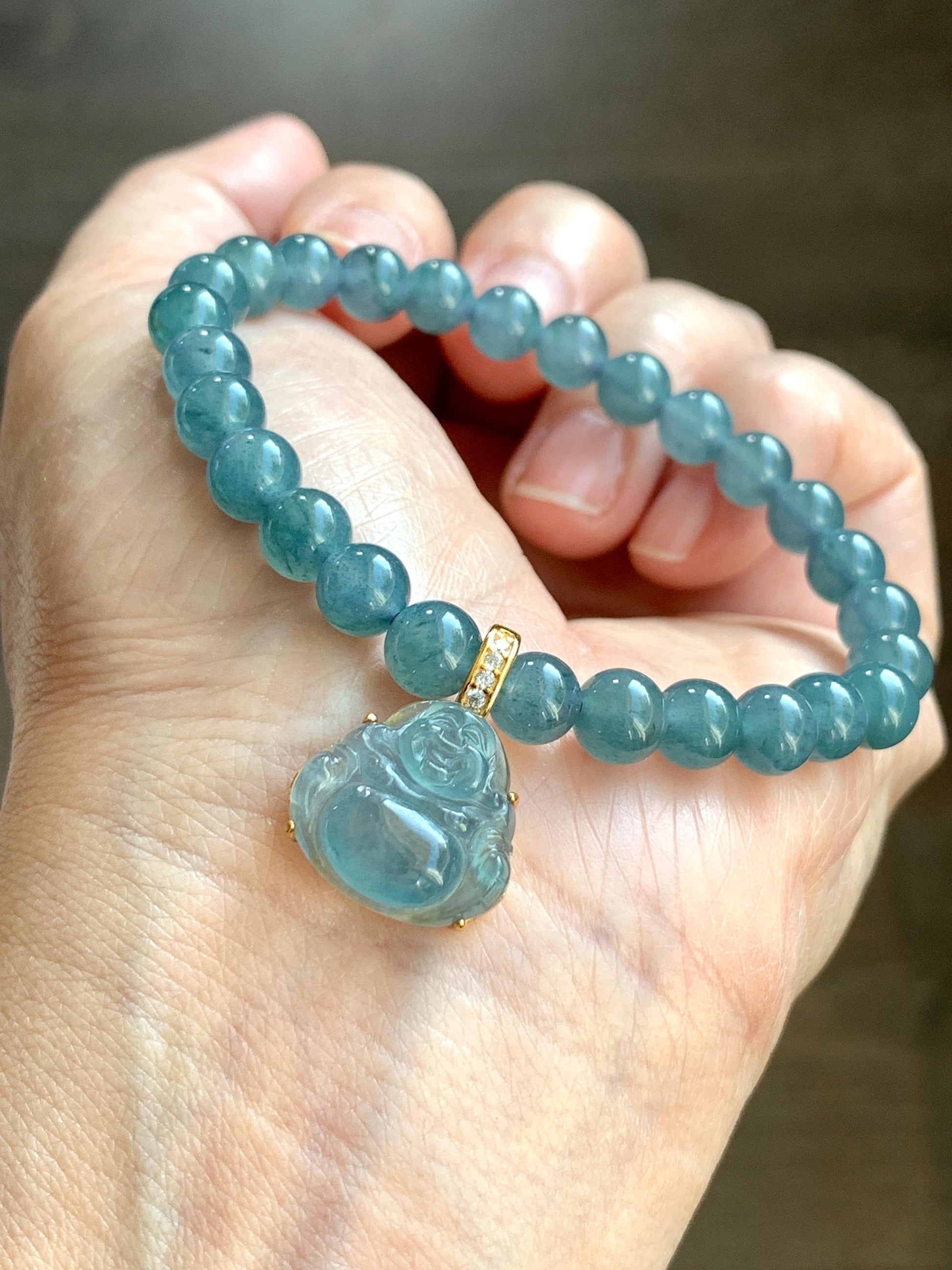 Natural Grade A Guatemalan Icy Highly Translucent Aegean Blue Jadeite Buddha Pendant Sterling Silver YG Overlay 天然冰危蓝绿起光翡翠佛公吊坠 WAL120B