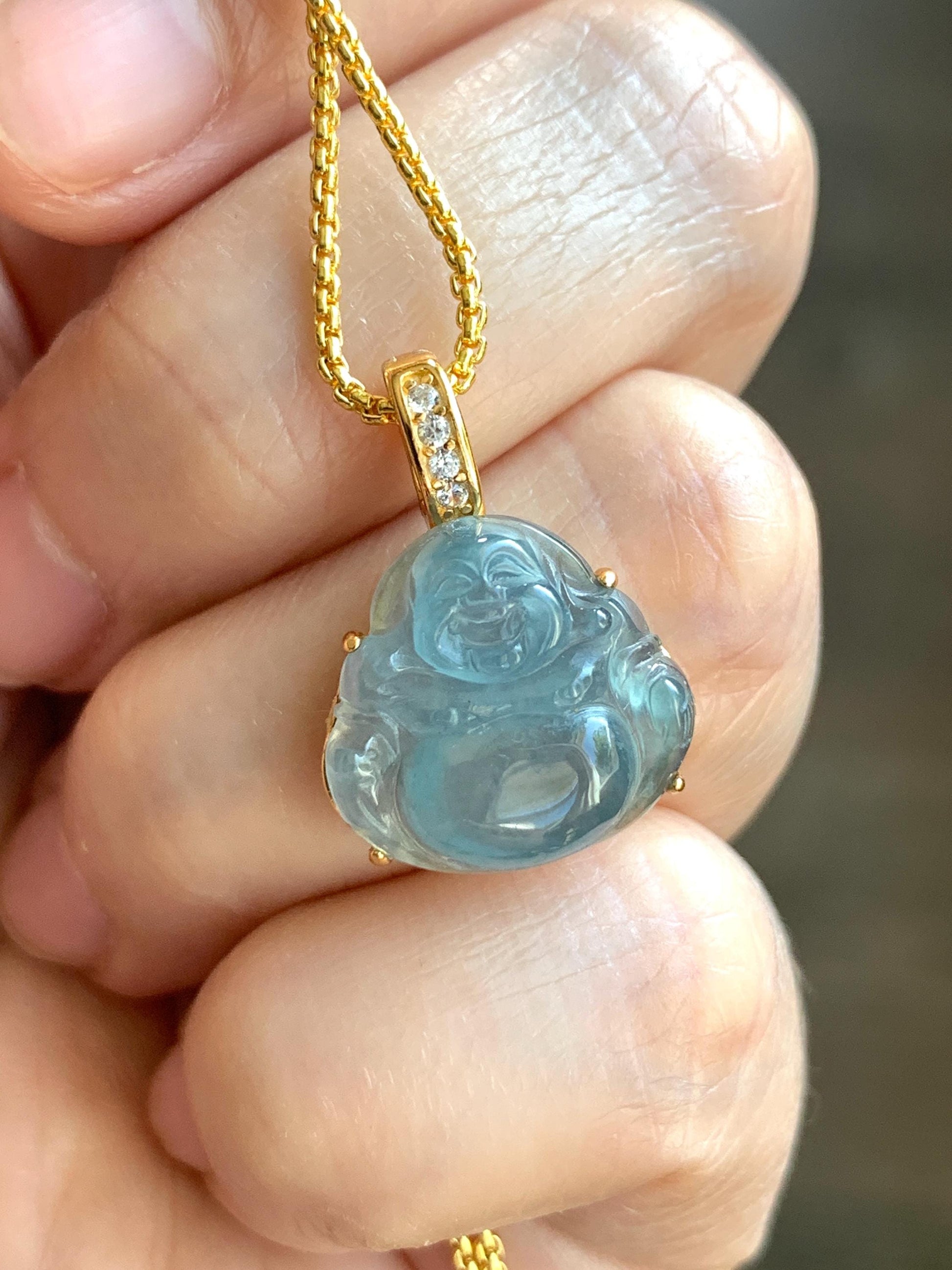 Natural Grade A Guatemalan Icy Highly Translucent Aegean Blue Jadeite Buddha Pendant Sterling Silver YG Overlay 天然冰危蓝绿起光翡翠佛公吊坠 WAL120B