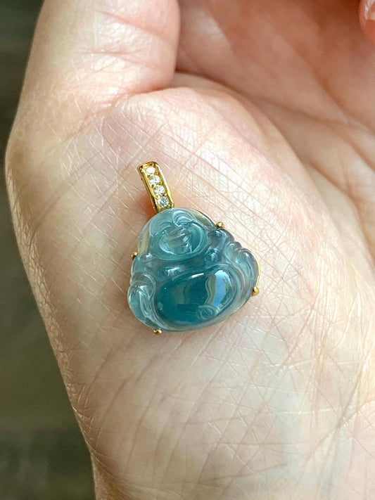 Natural Grade A Guatemalan Icy Highly Translucent Aegean Blue Jadeite Buddha Pendant Sterling Silver YG Overlay 天然冰危蓝绿起光翡翠佛公吊坠 WAL120A
