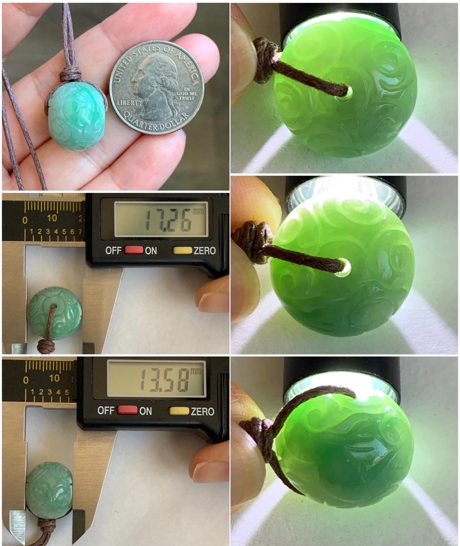 Natural Grade A Icy Translucent Green Jade Jadeite Engraved Apple Bead Pendant Adjustable Rope Necklace 25” 8g 天然冰绿翡翠雕花苹果珠吊坠项链 MLPG66