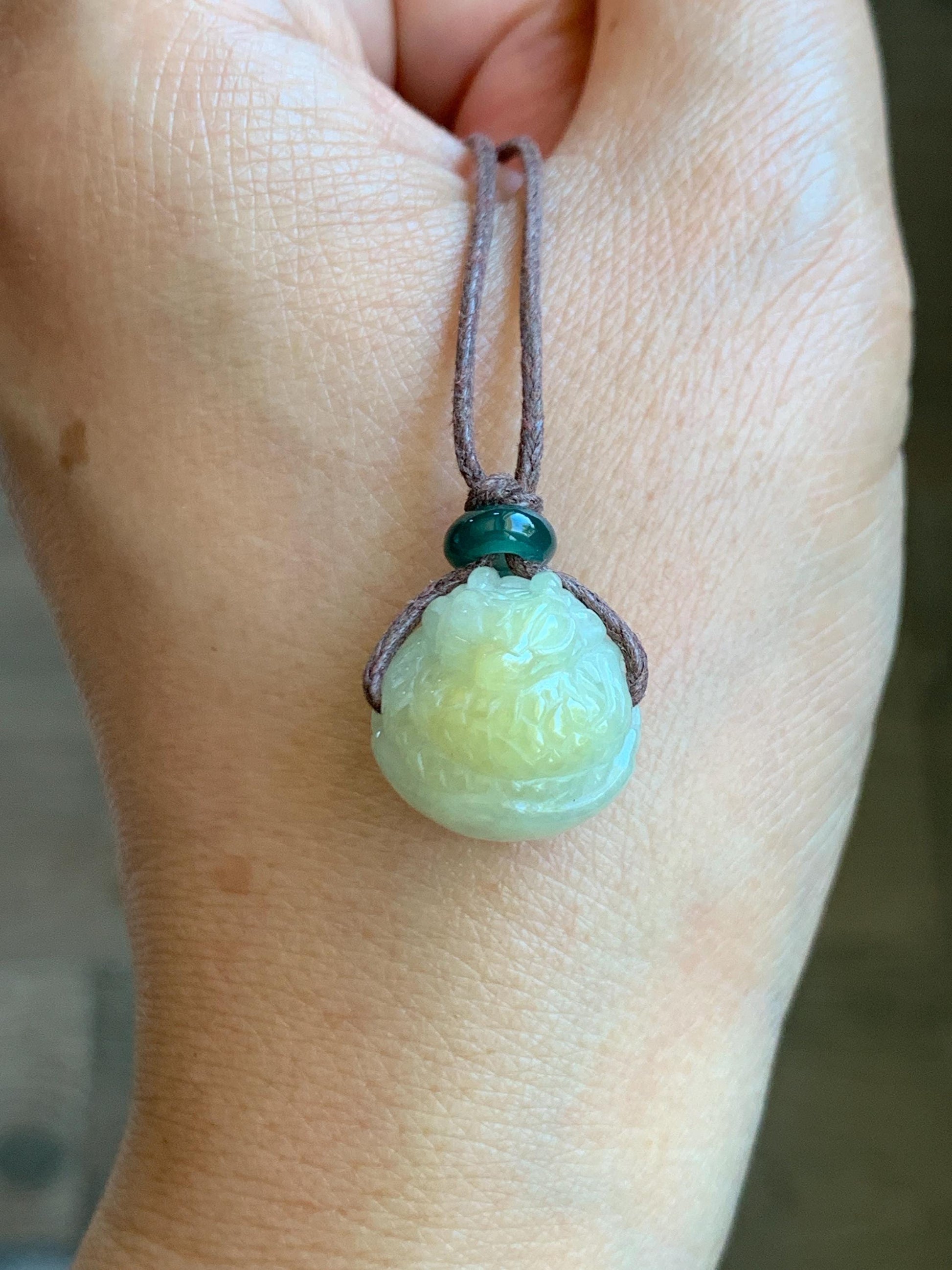 Natural Grade A Icy Translucent Yellow Marbled Jade Jadeite Baby Dragon Dragon Egg Pendant Rope Necklace 25” 7g 天然冰黄翡翠破壳龙宝宝珠吊坠项链 MHLD89