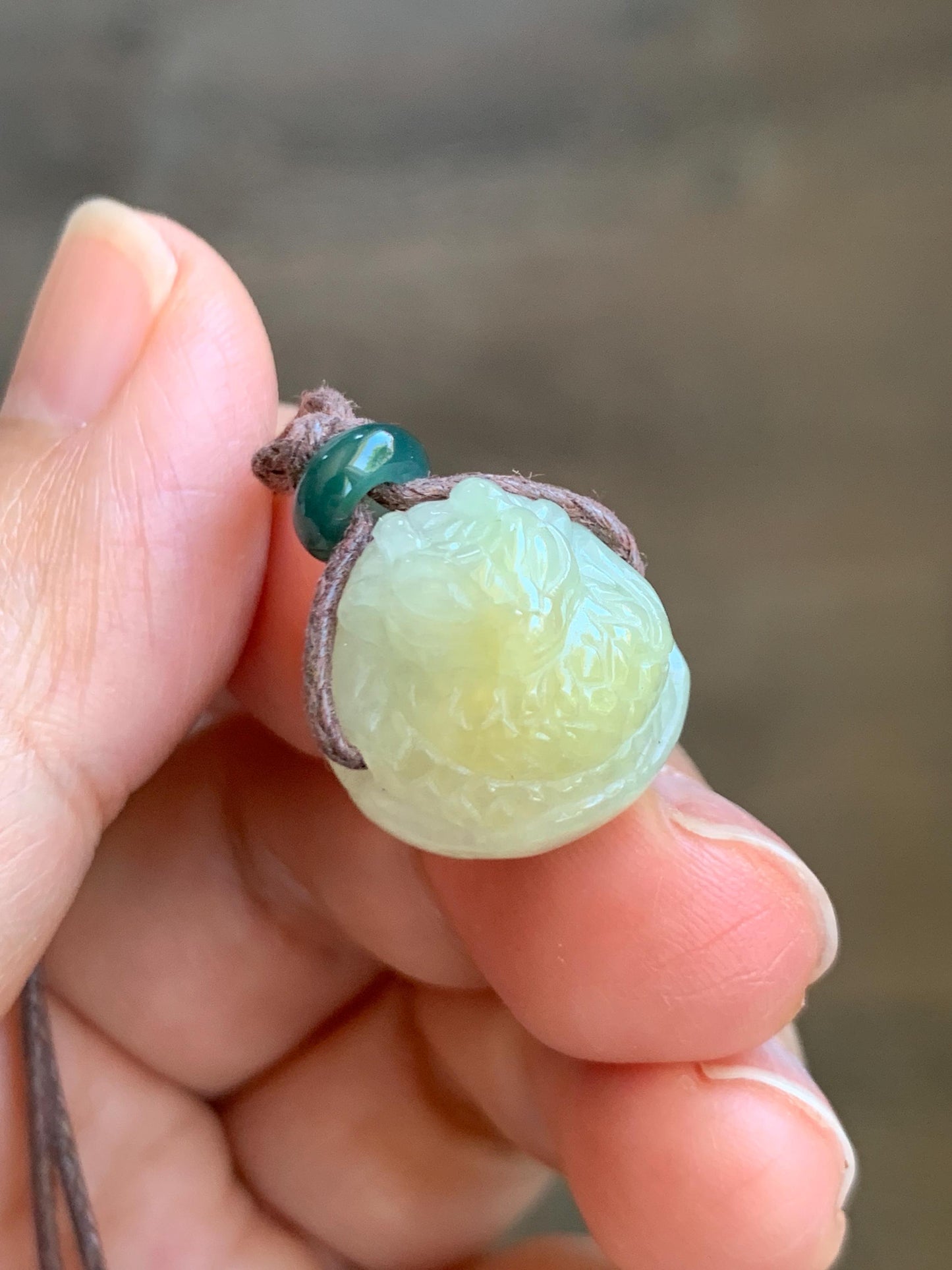 Natural Grade A Icy Translucent Yellow Marbled Jade Jadeite Baby Dragon Dragon Egg Pendant Rope Necklace 25” 7g 天然冰黄翡翠破壳龙宝宝珠吊坠项链 MHLD89