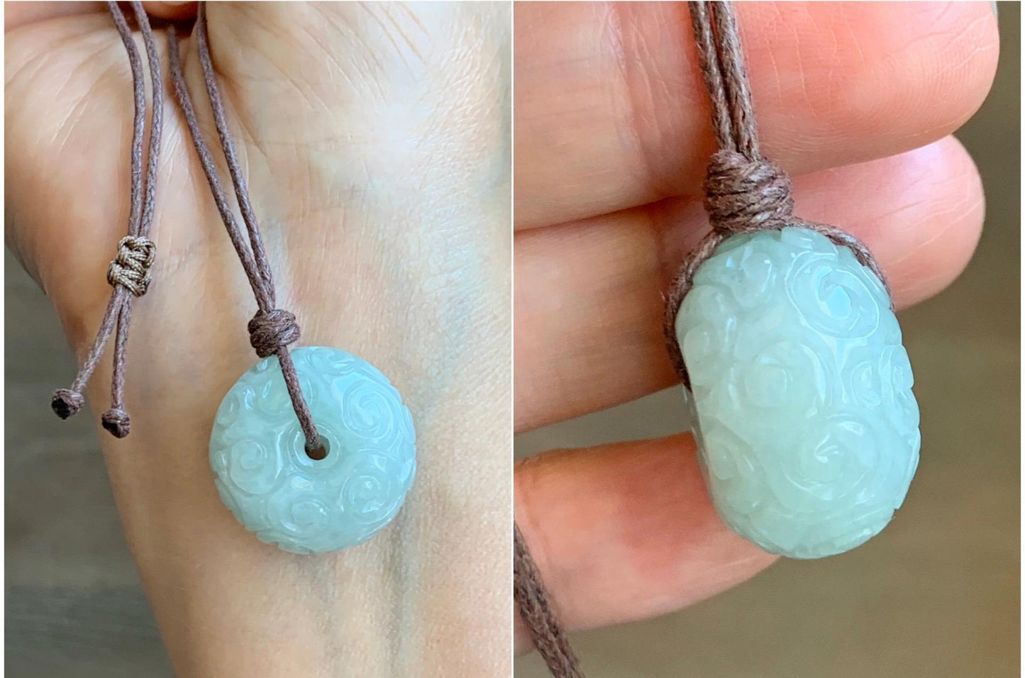 Natural Grade A Icy Translucent Pastel Green Jade Jadeite Engraved Ping An Kou Donut Pendant Rope Necklace 25" 天然淡晴底翡翠仿古雕平安扣吊坠 FGZ90B