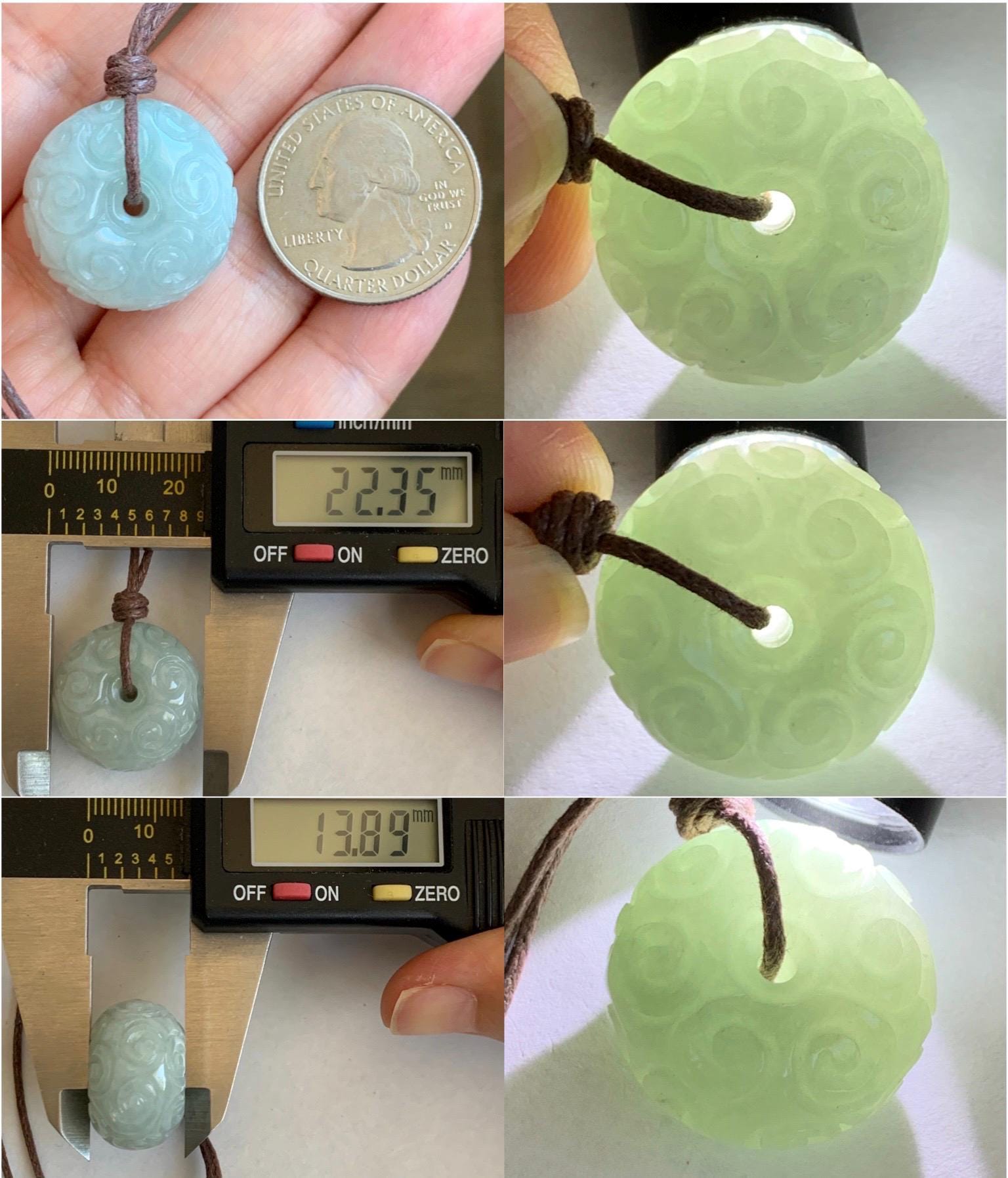 Natural Grade A Icy Translucent Pastel Green Jade Jadeite Engraved Ping An Kou Donut Pendant Rope Necklace 25" 天然淡晴底翡翠仿古雕平安扣吊坠 FGZ90B