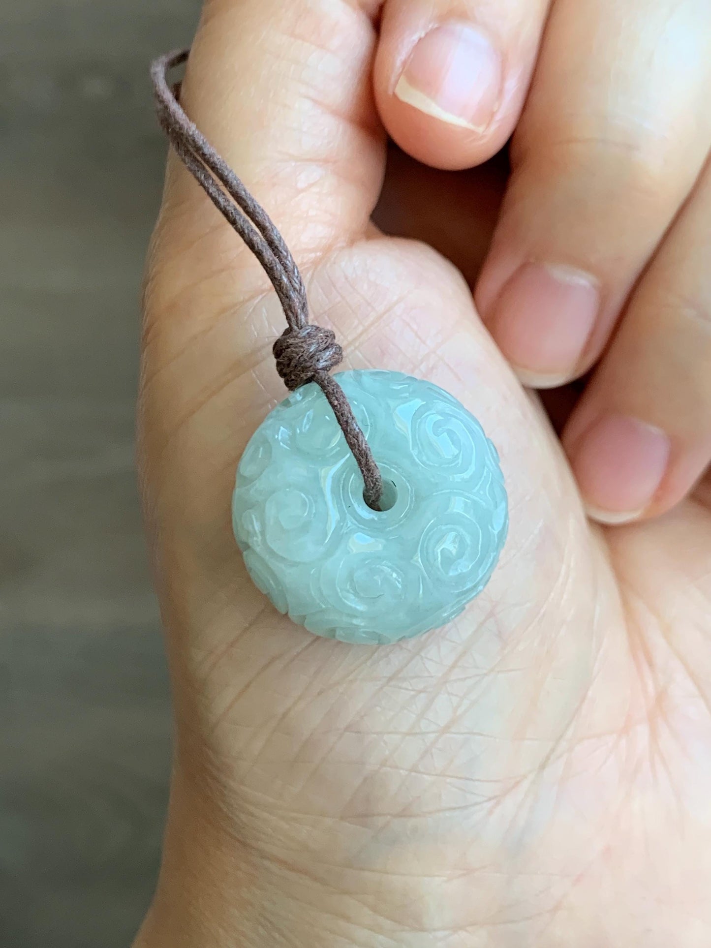 Natural Grade A Icy Translucent Pastel Green Jade Jadeite Engraved Ping An Kou Donut Pendant Rope Necklace 25" 天然淡晴底翡翠仿古雕平安扣吊坠 FGZ90B