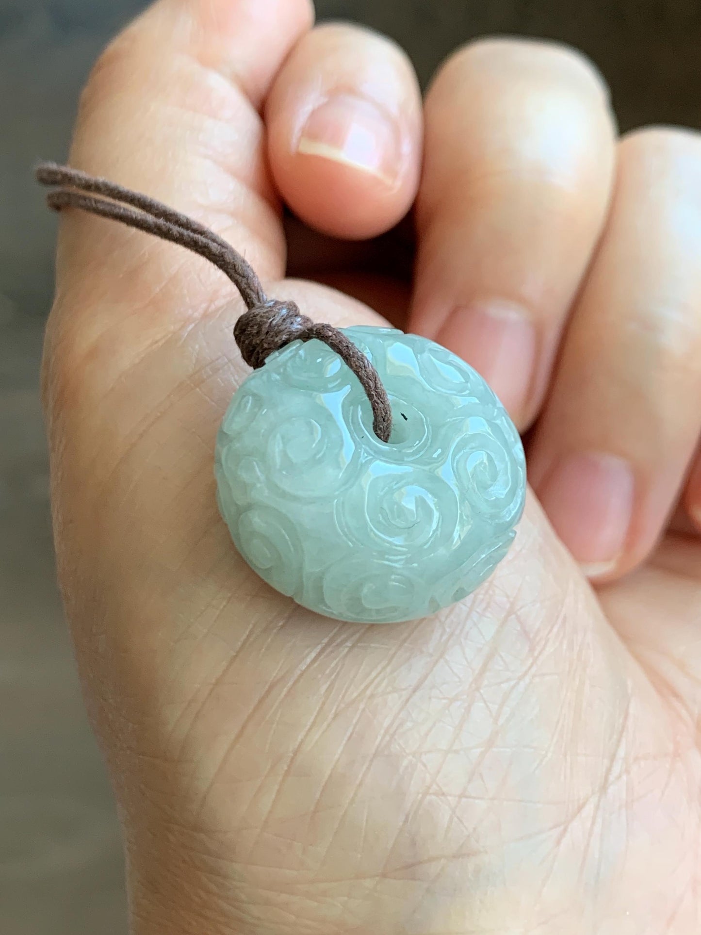 Natural Grade A Icy Translucent Pastel Green Jade Jadeite Engraved Ping An Kou Donut Pendant Rope Necklace 25" 天然淡晴底翡翠仿古雕平安扣吊坠 FGZ90B
