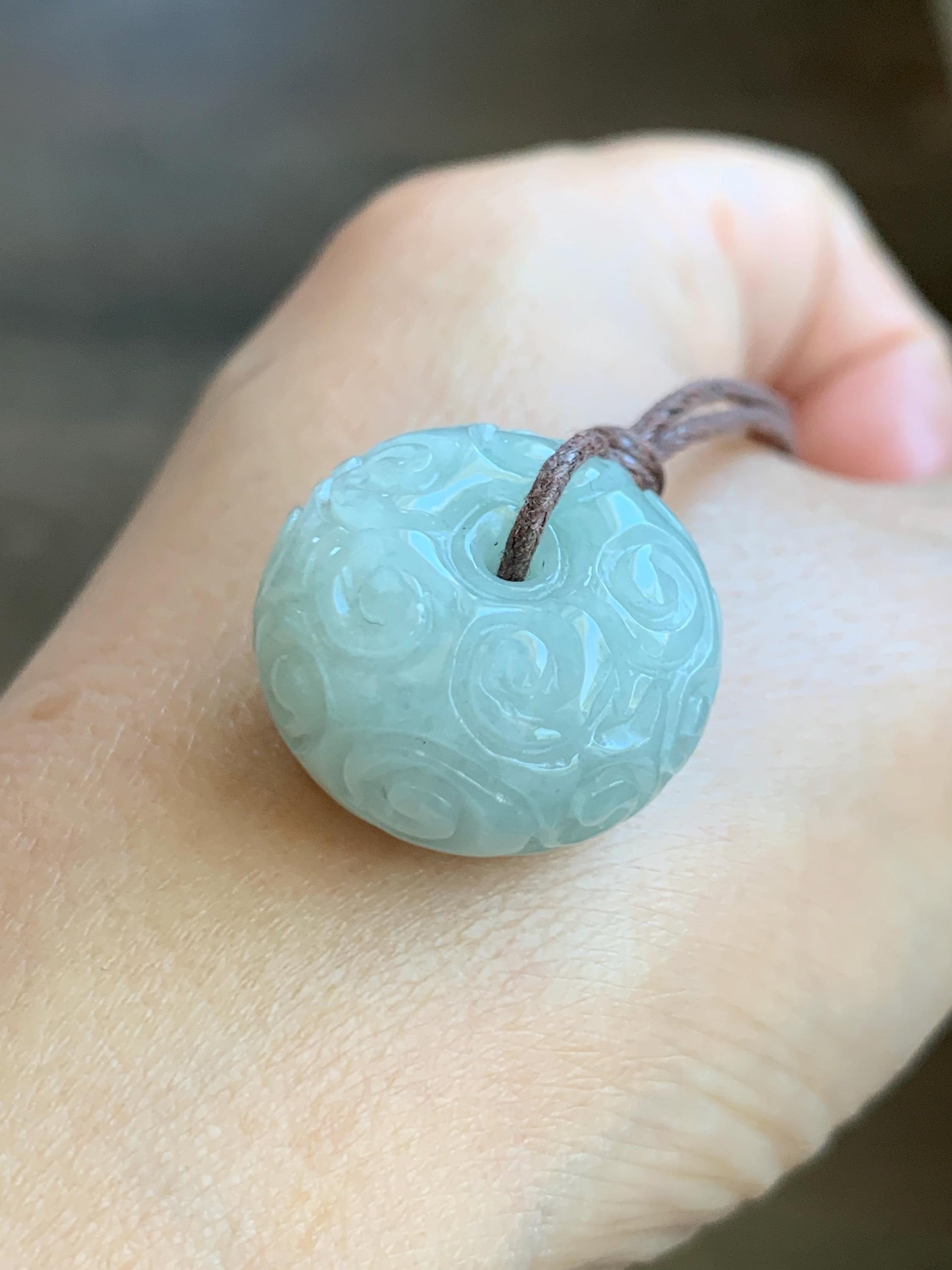 Natural Grade A Icy Translucent Pastel Green Jade Jadeite Engraved Ping An Kou Donut Pendant Rope Necklace 25" 天然淡晴底翡翠仿古雕平安扣吊坠 FGZ90B