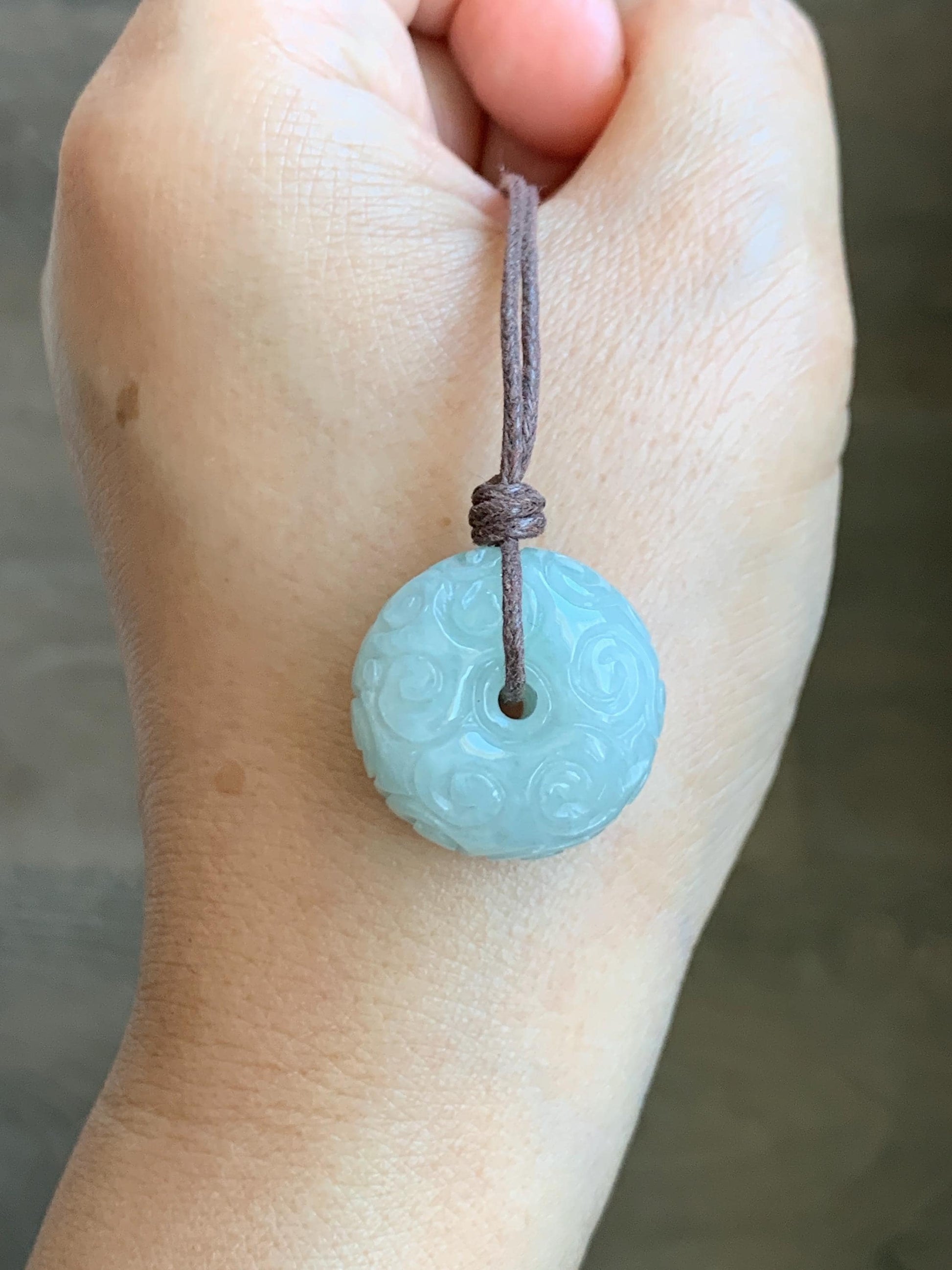 Natural Grade A Icy Translucent Pastel Green Jade Jadeite Engraved Ping An Kou Donut Pendant Rope Necklace 25" 天然淡晴底翡翠仿古雕平安扣吊坠 FGZ90B